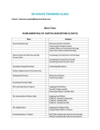 IN-HOUSE TRAINING CLASS
Contact : Sukarnen.suwanto@futurumcorfinan.com
Basic Class
FUNDAMENTALS OF CAPITAL BUDGETING (2 DAYS)
Topic Subtopic
Forecasting Earnings Revenue and Cost Estimates
Incremental Earnings Forecast
Indirect Effects on Incremental Earnings
Sunk Costs and Incremental Earnings
Determining Free Cash Flow and Net
Present Value
Calculating Free Cash Flow from Earnings
Calculating Free Cash Flow Directly
Calculating the Net Present Value
Choosing Among Alternatives Evaluating Alternatives
Further Adjustments to Free Cash Flow
Analyzing the Project Break-Even Analysis
Sensitivity Analysis
Investment Decision Rules
NPV and Stand-Alone Projects Applying the NPV Rule
The NPV Profile and IRR
Alternative Rules vs the NPV Rule
The Internal Rate of Return Rule Applying the IRR Rule
Pitfall #1 : Delayed Investments
Pitfall #2 : Multiple IRRs
Pitfall #3 : Nonexistent IRR
The Payback Rule Applying the Payback Rule
Payback Rule Pitfalls in Practice
Choosing Between Projects NPV Rule and Mutually Exclusive Investments
IRR Rule and Mutually Exclusive Investments
 