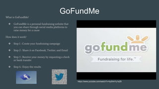 GoFundMe
What is GoFundMe?
❖ GoFundMe is a personal fundraising website that
you can share through social media platforms to
raise money for a cause
How does it work?
❖ Step 1 : Create your fundraising campaign
❖ Step 2 : Share it on Facebook, Twitter, and Email
❖ Step 3 : Receive your money by requesting a check
or bank transfer
❖ Step 4 : Enjoy the results
https://www.youtube.com/watch?v=by5HnYy1eZ8
 