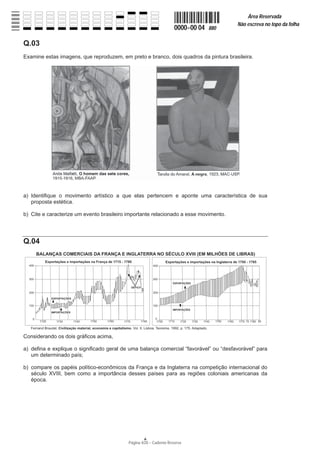 Página 4/20 − Caderno Reserva
0000−00 04 880
Área Reservada
Não escreva no topo da folha
A
Q.03
Examine estas imagens, que reproduzem, em preto e branco, dois quadros da pintura brasileira.
a) Identifique o movimento artístico a que elas pertencem e aponte uma característica de sua
proposta estética.
b) Cite e caracterize um evento brasileiro importante relacionado a esse movimento.
Q.04
Considerando os dois gráficos acima,
a) defina e explique o significado geral de uma balança comercial “favorável” ou “desfavorável” para
um determinado país;
b) compare os papéis político-econômicos da França e da Inglaterra na competição internacional do
século XVIII, bem como a importância desses países para as regiões coloniais americanas da
época.
 