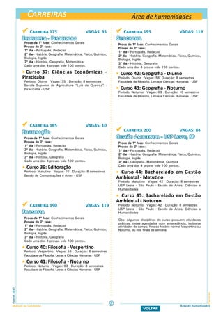 Carreiras
CarreirasFuvest2017
Manual do Candidato 9 Área de humanidades
VOLTAR
 Carreira 175 VAGAS: 35
Economia - Piracicaba
Prova da 1ª fase: Conhecimentos Gerais
Provas da 2ª fase:
1º dia - Português, Redação
2º dia - História, Geografia, Matemática, Física, Química,
Biologia, Inglês
3º dia - História, Geografia, Matemática
Cada uma das 4 provas vale 100 pontos.
 Curso 37: Ciências Econômicas -
Piracicaba
Período: Diurno Vagas: 35 Duração: 8 semestres
Escola Superior de Agricultura “Luiz de Queiroz” -
Piracicaba - USP
Área de humanidades
 Carreira 185 VAGAS: 10
Editoração
Prova da 1ª fase: Conhecimentos Gerais
Provas da 2ª fase:
1º dia - Português, Redação
2º dia - História, Geografia, Matemática, Física, Química,
Biologia, Inglês
3º dia - História, Geografia
Cada uma das 4 provas vale 100 pontos.
 Curso 39: Editoração
Período: Matutino Vagas: 10 Duração: 8 semestres
Escola de Comunicações e Artes - USP
 Carreira 190 VAGAS: 119
Filosofia
Prova da 1ª fase: Conhecimentos Gerais
Provas da 2ª fase:
1º dia - Português, Redação
2º dia - História, Geografia, Matemática, Física, Química,
Biologia, Inglês
3º dia - História, Geografia
Cada uma das 4 provas vale 100 pontos.
 Curso 40: Filosofia - Vespertino
Período: Vespertino Vagas: 56 Duração: 8 semestres
Faculdade de Filosofia, Letras e Ciências Humanas - USP
 Curso 41: Filosofia - Noturno
Período: Noturno Vagas: 63 Duração: 8 semestres
Faculdade de Filosofia, Letras e Ciências Humanas - USP
 Carreira 195 VAGAS: 119
Geografia
Prova da 1ª fase: Conhecimentos Gerais
Provas da 2ª fase:
1º dia - Português, Redação
2º dia - História, Geografia, Matemática, Física, Química,
Biologia, Inglês
3º dia - História, Geografia
Cada uma das 4 provas vale 100 pontos.
 Curso 42: Geografia - Diurno
Período: Diurno Vagas: 56 Duração: 8 semestres
Faculdade de Filosofia, Letras e Ciências Humanas - USP
 Curso 43: Geografia - Noturno
Período: Noturno Vagas: 63 Duração: 10 semestres
Faculdade de Filosofia, Letras e Ciências Humanas - USP
 Carreira 200 VAGAS: 84
Gestão Ambiental - USP Leste, SP
Prova da 1ª fase: Conhecimentos Gerais
Provas da 2ª fase:
1º dia - Português, Redação
2º dia - História, Geografia, Matemática, Física, Química,
Biologia, Inglês
3º dia - Geografia, Matemática, Química
Cada uma das 4 provas vale 100 pontos.
 Curso 44: Bacharelado em Gestão
Ambiental - Matutino
Período: Matutino Vagas: 42 Duração: 8 semestres
USP Leste - São Paulo - Escola de Artes, Ciências e
Humanidades
 Curso 45: Bacharelado em Gestão
Ambiental - Noturno
Período: Noturno Vagas: 42 Duração: 8 semestres
USP Leste - São Paulo - Escola de Artes, Ciências e
Humanidades
Obs: Algumas disciplinas do curso possuem atividades
práticas, todas agendadas com antecedência, inclusive
atividades de campo, fora do horário normal Vespertino ou
Noturno, ou nos finais de semana.
 