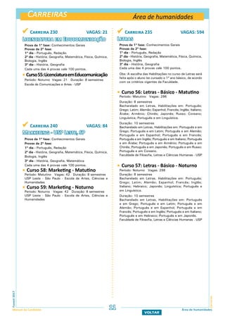 Carreiras
CarreirasFuvest2017
Manual do Candidato 11 Área de humanidades
VOLTAR
 Carreira 230 VAGAS: 21
Licenciatura em Educomunicação
Prova da 1ª fase: Conhecimentos Gerais
Provas da 2ª fase:
1º dia - Português, Redação
2º dia - História, Geografia, Matemática, Física, Química,
Biologia, Inglês
3º dia - História, Geografia
Cada uma das 4 provas vale 100 pontos.
 Curso55:LicenciaturaemEducomunicação
Período: Noturno Vagas: 21 Duração: 8 semestres
Escola de Comunicações e Artes - USP
Área de humanidades
 Carreira 240 VAGAS: 84
Marketing - USP Leste, SP
Prova da 1ª fase: Conhecimentos Gerais
Provas da 2ª fase:
1º dia - Português, Redação
2º dia - História, Geografia, Matemática, Física, Química,
Biologia, Inglês
3º dia - História, Geografia, Matemática
Cada uma das 4 provas vale 100 pontos.
 Curso 58: Marketing - Matutino
Período: Matutino Vagas: 42 Duração: 8 semestres
USP Leste - São Paulo - Escola de Artes, Ciências e
Humanidades
 Curso 59: Marketing - Noturno
Período: Noturno Vagas: 42 Duração: 8 semestres
USP Leste - São Paulo - Escola de Artes, Ciências e
Humanidades
 Carreira 235 VAGAS: 594
Letras
Prova da 1ª fase: Conhecimentos Gerais
Provas da 2ª fase:
1º dia - Português, Redação
2º dia - História, Geografia, Matemática, Física, Química,
Biologia, Inglês
3º dia - História, Geografia
Cada uma das 4 provas vale 100 pontos.
Obs: A escolha das Habilitações no curso de Letras será
feita após o aluno ter cursado o 1º ano básico, de acordo
com os critérios vigentes da Faculdade.
 Curso 56: Letras - Básico - Matutino
Período: Matutino Vagas: 296
Duração: 8 semestres
Bacharelado em Letras, Habilitações em: Português;
Grego; Latim; Alemão; Espanhol; Francês; Inglês; Italiano;
Árabe; Armênio; Chinês; Japonês; Russo; Coreano;
Linguística; Português e em Linguística.
Duração: 10 semestres
Bacharelado em Letras, Habilitações em: Português e em
Grego; Português e em Latim; Português e em Alemão;
Português e em Espanhol; Português e em Francês;
Português e em Inglês; Português e em Italiano; Português
e em Árabe; Português e em Armênio; Português e em
Chinês; Português e em Japonês; Português e em Russo;
Português e em Coreano.
Faculdade de Filosofia, Letras e Ciências Humanas - USP
 Curso 57: Letras - Básico - Noturno
Período: Noturno Vagas: 298
Duração: 8 semestres
Bacharelado em Letras, Habilitações em: Português;
Grego; Latim; Alemão; Espanhol; Francês; Inglês;
Italiano; Hebraico; Japonês; Linguística; Português e
em Linguística.
Duração: 10 semestres
Bacharelado em Letras, Habilitações em: Português
e em Grego; Português e em Latim; Português e em
Alemão; Português e em Espanhol; Português e em
Francês; Português e em Inglês; Português e em Italiano;
Português e em Hebraico; Português e em Japonês.
Faculdade de Filosofia, Letras e Ciências Humanas - USP
 