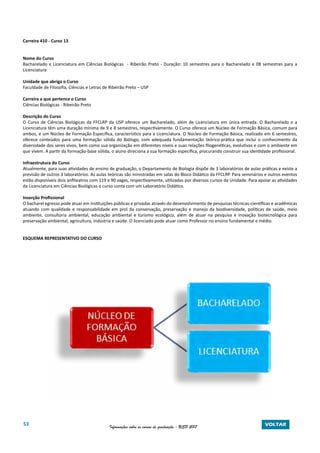53 Informações sobre os cursos de graduação - USP 2017 VOLTAR
Carreira 410 - Curso 13
Nome do Curso
Bacharelado e Licenciatura em Ciências Biológicas - Ribeirão Preto - Duração: 10 semestres para o Bacharelado e 08 semestres para a
Licenciatura
Unidade que abriga o Curso
Faculdade de Filosofia, Ciências e Letras de Ribeirão Preto – USP
Carreira a que pertence o Curso
Ciências Biológicas - Ribeirão Preto
Descrição do Curso
O Curso de Ciências Biológicas da FFCLRP da USP oferece um Bacharelado, além de Licenciatura em única entrada. O Bacharelado e a
Licenciatura têm uma duração mínima de 9 e 8 semestres, respectivamente. O Curso oferece um Núcleo de Formação Básica, comum para
ambos, e um Núcleo de Formação Específica, característico para a Licenciatura. O Núcleo de Formação Básica, realizado em 6 semestres,
oferece conteúdos para uma formação sólida do Biólogo, com adequada fundamentação teórico-prática que inclui o conhecimento da
diversidade dos seres vivos, bem como sua organização em diferentes níveis e suas relações filogenéticas, evolutivas e com o ambiente em
que vivem. A partir da formação-base sólida, o aluno direciona a sua formação específica, procurando construir sua identidade profissional.
Infraestrutura do Curso
Atualmente, para suas atividades de ensino de graduação, o Departamento de Biologia dispõe de 3 laboratórios de aulas práticas e existe a
previsão de outros 3 laboratórios. As aulas teóricas são ministradas em salas do Bloco Didático da FFCLRP. Para seminários e outros eventos
estão disponíveis dois anfiteatros com 119 e 90 vagas, respectivamente, utilizadas por diversos cursos da Unidade. Para apoiar as atividades
da Licenciatura em Ciências Biológicas o curso conta com um Laboratório Didático.
Inserção Profissional
O bacharel egresso pode atuar em instituições públicas e privadas através do desenvolvimento de pesquisas técnicas-científicas e acadêmicas
atuando com qualidade e responsabilidade em prol da conservação, preservação e manejo da biodiversidade, políticas de saúde, meio
ambiente, consultoria ambiental, educação ambiental e turismo ecológico, além de atuar na pesquisa e inovação biotecnológica para
preservação ambiental, agricultura, indústria e saúde. O licenciado pode atuar como Professor no ensino fundamental e médio.
ESQUEMA REPRESENTATIVO DO CURSO
 