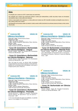 Carreiras
CarreirasFuvest2017
Manual do Candidato 15
VOLTAR
Área de ciências biológicas
Nota:
A duração dos cursos da USP é computada em semestres.
Na duração dos cursos que envolvem estágio curricular obrigatório, estão incluídas todas as atividades
necessárias para a conclusão dos mesmos.
Entre a publicação deste manual e a conclusão dos Cursos na USP, poderão ocorrer alterações nas estrutu-
ras curriculares dos cursos.
Informações detalhadas sobre as grades curriculares estão disponíveis na página www.sistemas.usp.br, menu
Disciplinas.
Área de ciências biológicas
 Carreira 400 VAGAS: 84
Ciências Biológicas
Prova da 1ª fase: Conhecimentos Gerais
Provas da 2ª fase:
1º dia - Português, Redação
2º dia - História, Geografia, Matemática, Física, Química,
Biologia, Inglês
3º dia - Química, Biologia
Cada uma das 4 provas vale 100 pontos.
 Curso 10: Licenciatura e Bacharelado
em Ciências Biológicas - Integral
Período: Integral Vagas: 42 Duração: 8 a 12 semestres
Instituto de Biociências - USP
 Curso 11: Licenciatura e Bacharelado
em Ciências Biológicas - Noturno
Período: Noturno Vagas: 42 Duração: 12 a 18 semestres
Instituto de Biociências - USP
Obs: Ao longo do curso, os alunos terão atividades
programadas fora dos horários regulares. Eventualmente,
poderão ser ministradas aulas aos sábados, tanto para o
Integral quanto para o Noturno.
 Carreira 410 VAGAS: 30
Ciências Biológicas - Ribeirão Preto
Prova da 1ª fase: Conhecimentos Gerais
Provas da 2ª fase:
1º dia - Português, Redação
2º dia - História, Geografia, Matemática, Física, Química,
Biologia, Inglês
3º dia - Química, Biologia
Cada uma das 4 provas vale 100 pontos.
 Curso 13: Bacharelado e Licenciatura
em Ciências Biológicas - Ribeirão Preto
Período: Integral Vagas: 30 Duração: 10 semestres
para o Bacharelado e 8 semestres para a Licenciatura
Faculdade de Filosofia, Ciências e Letras de Ribeirão
Preto - USP
 Carreira 405 VAGAS: 24
Ciências Biológicas - Piracicaba
Prova da 1ª fase: Conhecimentos Gerais
Provas da 2ª fase:
1º dia - Português, Redação
2º dia - História, Geografia, Matemática, Física, Química,
Biologia, Inglês
3º dia - Química, Biologia, Matemática
Cada uma das 4 provas vale 100 pontos.
 Curso 12: Licenciatura e Bacharelado
em Ciências Biológicas - Piracicaba
Período: Noturno(*) Vagas: 24 Duração: 10 semestres
Escola Superior de Agricultura “Luiz de Queiroz” -
Piracicaba - USP
(*) O curso terá aulas de campo aos sábados, no período
diurno, e um estágio no 10º semestre.
 Carreira 415 VAGAS: 30
Ciências Biomédicas
Prova da 1ª fase: Conhecimentos Gerais
Provas da 2ª fase:
1º dia - Português, Redação
2º dia - História, Geografia, Matemática, Física, Química,
Biologia, Inglês
3º dia - Biologia, Química, Matemática
Cada uma das 4 provas vale 100 pontos.
 Curso 14: Bacharelado em Ciências
Biomédicas
Período: Integral Vagas: 30 Duração: 8 semestres
Instituto de Ciências Biomédicas - USP
 
