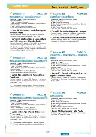 Carreiras
CarreirasFuvest2017
Manual do Candidato 17
VOLTAR
Área de ciências biológicas
Área de ciências biológicas
 Carreira 445 VAGAS: 117
Enfermagem - Ribeirão Preto
Prova da 1ª fase: Conhecimentos Gerais
Provas da 2ª fase:
1º dia - Português, Redação
2º dia - História, Geografia, Matemática, Física, Química,
Biologia, Inglês
3º dia - História, Química, Biologia
Cada uma das 4 provas vale 100 pontos.
 Curso 21: Bacharelado em Enfermagem -
Ribeirão Preto
Período: Integral Vagas: 72 Duração: 8 semestres
Escola de Enfermagem de Ribeirão Preto - USP
 Curso 22: Bacharelado e Licenciatura
em Enfermagem - Ribeirão Preto
Período: Noturno(*) Vagas: 45 Duração: 10 semestres
Escola de Enfermagem de Ribeirão Preto - USP
(*) Obs: No período Vespertino, serão realizadas aulas
(teóricas e práticas) e estágio curricular, de acordo com
programação divulgada previamente.
 Carreira 450 VAGAS: 160
EngenhariaAgronômica-Piracicaba (*)
Prova da 1ª fase: Conhecimentos Gerais
Provas da 2ª fase:
1º dia - Português, Redação
2º dia - História, Geografia, Matemática, Física, Química,
Biologia, Inglês
3º dia - Matemática, Química, Biologia
Cada uma das 4 provas vale 100 pontos.
 Curso 23: Engenharia Agronômica -
Piracicaba
Período: Integral(**) Vagas: 160 Duração: 10 semestres
Escola Superior de Agricultura “Luiz de Queiroz” -
Piracicaba - USP
(*) Bacharelado, Licenciatura em Ciências Agrárias.
(**) O calendário escolar da USP prevê aulas aos sábados.
 Carreira 455 VAGAS: 32
EngenhariaFlorestal-Piracicaba(*)
Prova da 1ª fase: Conhecimentos Gerais
Provas da 2ª fase:
1º dia - Português, Redação
2º dia - História, Geografia, Matemática, Física, Química,
Biologia, Inglês
3º dia - Matemática, Química, Biologia
Cada uma das 4 provas vale 100 pontos.
 Curso 24: Engenharia Florestal -
Piracicaba
Período: Integral(**) Vagas: 32 Duração: 10 semestres
Escola Superior de Agricultura “Luiz de Queiroz” -
Piracicaba - USP
(*) Bacharelado, Licenciatura em Ciências Agrárias.
(**) O curso terá aulas aos sábados, no período diurno.
 Carreira 460 VAGAS: 120
Farmácia - Bioquímica
Prova da 1ª fase: Conhecimentos Gerais
Provas da 2ª fase:
1º dia - Português, Redação
2º dia - História, Geografia, Matemática, Física, Química,
Biologia, Inglês
3º dia - Física, Química, Biologia
Cada uma das 4 provas vale 100 pontos.
 Curso25:Farmácia-Bioquímica-Integral
Período: Integral Vagas: 60 Duração: 10 semestres
Faculdade de Ciências Farmacêuticas - USP
 Curso26:Farmácia-Bioquímica-Noturno
Período: Noturno Vagas: 60 Duração: 12 semestres
Faculdade de Ciências Farmacêuticas - USP
 Carreira 465 VAGAS: 56
Farmácia - Bioquímica - Ribeirão
Preto
Prova da 1ª fase: Conhecimentos Gerais
Provas da 2ª fase:
1º dia - Português, Redação
2º dia - História, Geografia, Matemática, Física, Química,
Biologia, Inglês
3º dia - Física, Química, Biologia
Cada uma das 4 provas vale 100 pontos.
 Curso 27: Farmácia-Bioquímica - In-
tegral - Ribeirão Preto
Período: Integral Vagas: 56 Duração: 10 semestres
Faculdade de Ciências Farmacêuticas de Ribeirão
Preto - USP
 Carreira 470 VAGAS: 25
Fisioterapia
Prova da 1ª fase: Conhecimentos Gerais
Provas da 2ª fase:
1º dia - Português, Redação
2º dia - História, Geografia, Matemática, Física, Química,
Biologia, Inglês
3º dia - Geografia, Física, Biologia
Cada uma das 4 provas vale 100 pontos.
 Curso 29: Fisioterapia - São Paulo
Período: Integral Vagas: 25 Duração: 10 semestres
Faculdade de Medicina – USP
 