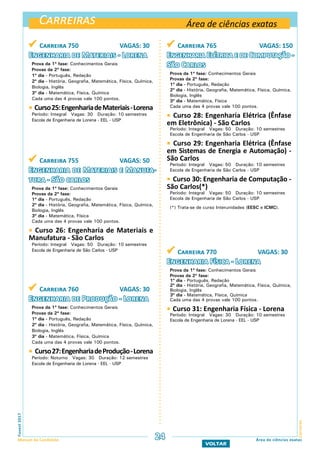 Carreiras
CarreirasFuvest2017
Manual do Candidato 24
VOLTAR
Área de ciências exatas
Área de ciências exatas
 Carreira 750 VAGAS: 30
Engenharia de Materiais - Lorena
Prova da 1ª fase: Conhecimentos Gerais
Provas da 2ª fase:
1º dia - Português, Redação
2º dia - História, Geografia, Matemática, Física, Química,
Biologia, Inglês
3º dia - Matemática, Física, Química
Cada uma das 4 provas vale 100 pontos.
 Curso25:EngenhariadeMateriais-Lorena
Período: Integral Vagas: 30 Duração: 10 semestres
Escola de Engenharia de Lorena - EEL - USP
 Carreira 755 VAGAS: 50
Engenharia de Materiais e Manufa-
tura - São carlos
Prova da 1ª fase: Conhecimentos Gerais
Provas da 2ª fase:
1º dia - Português, Redação
2º dia - História, Geografia, Matemática, Física, Química,
Biologia, Inglês
3º dia - Matemática, Física
Cada uma das 4 provas vale 100 pontos.
 Curso 26: Engenharia de Materiais e
Manufatura - São Carlos
Período: Integral Vagas: 50 Duração: 10 semestres
Escola de Engenharia de São Carlos - USP
 Carreira 760 VAGAS: 30
Engenharia de Produção - Lorena
Prova da 1ª fase: Conhecimentos Gerais
Provas da 2ª fase:
1º dia - Português, Redação
2º dia - História, Geografia, Matemática, Física, Química,
Biologia, Inglês
3º dia - Matemática, Física, Química
Cada uma das 4 provas vale 100 pontos.
 Curso27:EngenhariadeProdução-Lorena
Período: Noturno Vagas: 30 Duração: 12 semestres
Escola de Engenharia de Lorena - EEL - USP
 Carreira 765 VAGAS: 150
Engenharia Elétrica e de Computação -
São Carlos
Prova da 1ª fase: Conhecimentos Gerais
Provas da 2ª fase:
1º dia - Português, Redação
2º dia - História, Geografia, Matemática, Física, Química,
Biologia, Inglês
3º dia - Matemática, Física
Cada uma das 4 provas vale 100 pontos.
 Curso 28: Engenharia Elétrica (Ênfase
em Eletrônica) - São Carlos
Período: Integral Vagas: 50 Duração: 10 semestres
Escola de Engenharia de São Carlos - USP
 Curso 29: Engenharia Elétrica (Ênfase
em Sistemas de Energia e Automação) -
São Carlos
Período: Integral Vagas: 50 Duração: 10 semestres
Escola de Engenharia de São Carlos - USP
 Curso 30: Engenharia de Computação -
São Carlos(*)
Período: Integral Vagas: 50 Duração: 10 semestres
Escola de Engenharia de São Carlos - USP
(*) Trata-se de curso Interunidades (EESC e ICMC).
 Carreira 770 VAGAS: 30
Engenharia Física - Lorena
Prova da 1ª fase: Conhecimentos Gerais
Provas da 2ª fase:
1º dia - Português, Redação
2º dia - História, Geografia, Matemática, Física, Química,
Biologia, Inglês
3º dia - Matemática, Física, Química
Cada uma das 4 provas vale 100 pontos.
 Curso 31: Engenharia Física - Lorena
Período: Integral Vagas: 30 Duração: 10 semestres
Escola de Engenharia de Lorena - EEL - USP
 