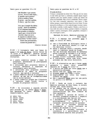 Texto para as questões 19 e 20

Oh! Bendito o que semeia
Livros... livros à mão cheia...
E manda o povo pensar!
O livro caindo n’alma
É germe – que faz a palma,
É chuva – que faz o mar.
Vós, que o templo das idéias
Largo – abris às multidões,
P’ra o batismo luminoso
Das grandes revoluções,
Agora que o trem de ferro
Acorda o tigre no cerro
E espanta os caboclos nus,
Fazei desse “rei dos ventos”
 Ginete dos pensamentos,
 Arauto da grande luz!...
(Castro Alves)

V.19 – O tratamento dado aos temas do
livro e do trem de ferro, nestes versos de
“O livro e a América”, permite afirmar
corretamente que, no contexto de Espumas
flutuantes,
a) o poeta romântico assume o ideal do
progresso, abandonando as preocupações
com a História.
b) o entusiasmo pelo progresso técnico e
cultural
determina
a
superação
do
encantamento pela natureza.
c) o entusiasmo pelo progresso cultural
contrapõe-se ao temor do progresso
técnico, que agride a natureza.
d) o poeta romântico abre-se ao progresso e à
técnica, em que não vê incompatibilidade
com os ciclos naturais.
e) o poeta romântico propõe que literatura
e natureza somem forças contra a
invasão do progresso técnico.

V.20 – Se iniciarmos a segunda estrofe
pelo pronome tu, os verbos abris e fazei,
que aparecem no texto, deverão mudar,
respectivamente, para
a)
b)
c)
d)
e)

abre; faz.
abras; faças.
abres; faze.
abre; faça.
abres; fazes.

Texto para as questões de 21 a 23

O senão do livro
Começo a arrepender-me deste livro. Não que ele me canse;
eu não tenho que fazer; e, realmente, expedir alguns magros
capítulos para esse mundo sempre é tarefa que distrai um
pouco da eternidade. Mas o livro é enfadonho, cheira a sepulcro, traz certa contração cadavérica; vício grave, e aliás
ínfimo, porque o maior defeito deste livro és tu, leitor. Tu tens
pressa de envelhecer, e o livro anda devagar; tu amas a narração direita e nutrida, o estilo regular e fluente, e este livro e o
meu estilo são como os ébrios, guinam à direita e à esquerda,
andam e param, resmungam, urram, gargalham, ameaçam o
céu, escorregam e caem...
(Machado de Assis, Memórias póstumas de
Brás Cubas)
V.21 – O emprego dos pronomes este e
esse, no início do texto,
a) tem a finalidade de distinguir entre o
que já se mencionou (mundo) e o que se
vai mencionar (livro).
b) marca a oposição entre o concreto (mundo
real) e o abstrato (mundo da ficção).
c) faz uma distinção decorrente da diferença
entre a posição do narrador e a do leitor.
d) é
conseqüência
da
oposição
entre
passado (livro) e presente (mundo).
e) é indiferente; assim como hoje, esses
pronomes não têm valor distintivo.

V.22 – A alternativa em que o termo senão
apresenta
o
mesmo
valor
gramatical
expresso em “O senão do livro” é:
a) O motivo não pode ser outro senão que a
melancólica paisagem.
b) Falara como pai, senão como juiz.
c) Ninguém senão seu irmão o ouvia.
d) Resplandecia aos olhos dos homens,
formosa sem senão.
e) Não o apanhara senão para ter uma parte
na glória e no serviço.

V.23 – Tendo em vista o contexto das
Memórias póstumas de Brás Cubas, é correto
afirmar que, nesse excerto,
a) as imagens que se referem ao próprio
livro, mesmo exageradas, apontam para
características que esse romance de
fato apresenta.
b) ao ponderar a opinião do leitor, o
narrador novamente evidencia o respeito
e a consideração que tem por ele.
c) o movimento autocrítico põe em relevo,
principalmente,
a
modéstia
e
a
contenção características do narrador.
d) o
fato
de
o
narrador
dirigir-se
diretamente ao leitor configura um
momento de exceção no livro.
e) a atitude do narrador contradiz a
constância e a persistência com que
habitualmente executa seus projetos.

5V

 