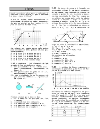 FÍSICA
Quando necessário, adote para a aceleração da
gravidade o valor g=10m/s2 e, para a densidade
da água, o valor 1.000kg/m3.

V.41– Na figura, estão representadas as
velocidades, em função do tempo, desenvolvidas por um atleta, em dois treinos A e B,
para uma corrida de 100m rasos.

Com relação aos tempos gastos pelo atleta
para percorrer os 100m, podemos afirmar que,
aproximadamente,
a) no B levou 0,4s a menos que no A.
b) no A levou 0,4s a menos que no B.
c) no B levou 1,0s a menos que no A.
d) no A levou 1,0s a menos que no B.
e) no A e no B levou o mesmo tempo.

V.42 – Considere

três situações em que
um raio de luz se desloca no vácuo:
I. nas proximidades de uma esfera carregada eletricamente, representada na
figura I.
II. nas proximidades do pólo de um ímã,
representada na figura II.
III. nas proximidades de um fio percorrido
por corrente elétrica i, representada
na figura III.

Podemos afirmar que o raio de luz
a) não é desviado em qualquer das três
situações.
b) é desviado nas três situações.
c) só é desviado nas situações I e II.
d) só é desviado nas situações II e III.
e) só é desviado na situação I.

V.43 - Um corpo de massa m é lançado com

r
velocidade inicial VO na parte horizontal
de uma rampa, como indicado na figura. Ao
atingir o ponto A, ele abandona a rampa,
r
com uma velocidade VA (VAx, VAy), segue uma
trajetória que passa pelo ponto de máxima
altura B e retorna à rampa no ponto C.
Despreze o atrito. Sejam hA, hB
e hC as
alturas dos pontos A,B e C, respectivamenr
te, VB (VBx, VBy) a velocidade do corpo no
r
ponto B e VC (VCx, VCy) a velocidade do

corpo no ponto C. Considere as afirmações:
I) V0 = VAx = VB = VCx
II) VAx = VB = VCx
III) ½ mVB2 = ½ mVA2 - mg(hB - hA)
IV) ½ mVO2 = mghB
V) ½ mVAy2 = mg(hB - hA)
São corretas as afirmações:
a) todas.
b) somente I e II.
c) somente II, III e IV.
d) somente II, III, IV e V.
e) somente II, III e V.

V.44 – O gráfico da figura representa a
aceleração da gravidade g da Terra em função da distância d ao seu centro.

Considere uma situação hipotética em que o
valor do raio RT da Terra seja diminuído
para R’, sendo R’ = 0,8 RT, e em que seja
mantida (uniformemente) sua massa total.
Nessas condições, os valores aproximados
das acelerações da gravidade g1 à distância
R’ e g2 à uma distância igual a RT do centro da “Terra Hipotética” são, respectivamente,
g1(m/s2)
g2(m/s2)
a)
10
10
b)
8
6,4
c)
6,4
4,1
d)
12,5
10
e)
15,6
10

9V

 