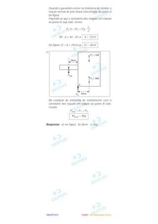 OOOOBBBBJJJJEEEETTTTIIIIVVVVOOOO
Quando o gaveteiro estiver na iminência de tombar, a
reação normal do piso ficará concentrada no ponto A
da figura.
Impondo-se que o somatório dos torques em relação
ao ponto A seja nulo, temos
P2 d = (P1 + P3)
80 . d = 40 . 24 ⇒
Da figura, D = d + 24cm ⇒
c)
Na condição de iminência de tombamento com o
somatório dos toques em relação ao ponto A nulo,
resulta
Pmáx = P1 + P3
Respostas: a) ver figura b) 36cm c) 4kg
Mmáx = 4kg
D = 36cm
d = 12cm
L
–––
2
FFFFUUUUVVVVEEEESSSSTTTT ---- ((((2222ªªªª FFFFaaaasssseeee)))) JJJJaaaannnneeeeiiiirrrroooo////2222000000006666
 