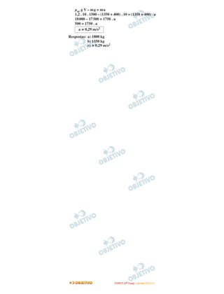 µar g V – mg = ma
1,2 . 10 . 1500 – (1350 + 400) . 10 = (1350 + 400) . a
18000 – 17500 = 1750 . a
500 = 1750 . a
Respostas: a) 1800 kg
b) 1350 kg
c) ≅ 0,29 m/s2
a ≅ 0,29 m/s2
FFUUVVEESSTT ((22ªª FFaassee)) –– JJAANNEEIIRROO //22001100
 