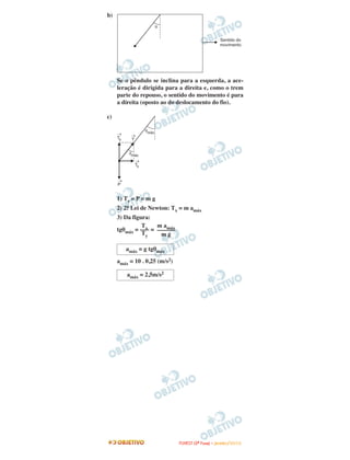 b)
Se o pêndulo se inclina para a esquerda, a ace-
leração é dirigida para a direita e, como o trem
parte do repouso, o sentido do movimento é para
a direita (oposto ao do deslocamento do fio).
c)
1) Ty = P = m g
2) 2.a Lei de Newton: Tx = m amáx
3) Da figura:
tgθmáx = =
amáx = 10 . 0,25 (m/s2)
amáx = 2,5m/s2
amáx = g tgθmáx
m amáx
––––––
m g
Tx–––
Ty
FFUUVVEESSTT ((22ªª FFaassee)) –– JJAANNEEIIRROO //22001100
 