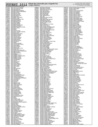 FUVEST 2012 Relação dos Convocados para a Segunda Fase
Listagem Alfabética
CPD−FUVEST|06/12/2011|09:02:05|LISTCONV−01|PAG 0003
5375262 Aline Lopes Lucas de Amorim
2567389 Aline Luiza Duarte de Freitas
3324283 Aline Macedo da Silva
2102899 Aline Maria Barbizan Rodrigues
4793515 Aline Maria Correia de Melo Villardo
8326548 Aline Maria de Melo
6424972 Aline Maria dos Santos
6682645 Aline Maria Lucchetta
1203532 Aline Maria Moreira Dias
4830561 Aline Mariano Alves
8559770 Aline Martins Costa Branco
4134358 Aline Martins Fabbri
4784797 Aline Massako Murakami Tiba
1278549 Aline Masumi Kitawara
6380006 Aline Matsumoto Souza
4831962 Aline Melon Ruegger
4813793 Aline Mendes Agostini
3711262 Aline Messias Limeira
1626750 Aline Mitiko Koda Nakamoto
1797985 Aline Montoia de Mauro
3041374 Aline Morais Figueiredo de Araujo
4008594 Aline Moura de Lima
8581303 Aline Nassiff
2595285 Aline Navarro
3357828 Aline Nazare Bortoleto
2795275 Aline Nazare Carvalho de Almeida
4009027 Aline Neri de Souza
6096326 Aline Nishiyama de Oliveira
4452784 Aline Nunes de Viveiros
8574337 Aline Ottobone Brandao
1263796 Aline Paiva da Costa
3344108 Aline Pamela Bevilacqua
3038855 Aline Paredes Cardoso
6676254 Aline Patriota Pereira
2576751 Aline Pimentel Piemonte
1980303 Aline Pinto Moreira
8616081 Aline Populin
2293640 Aline Praxedes Mesquita
7528454 Aline Prieto de Barros Silveira
4829445 Aline Priscila Ataide
1282743 Aline Quiles Schneider
6431073 Aline Raetano Leite
1007793 Aline Ramos Santana Lessa
3336595 Aline Rangel Pires
4619016 Aline Redressa Boni Rayis Lovo
3727366 Aline Regina Gouveia do Nascimento
1265719 Aline Ribas Sanches
1982884 Aline Ribeiro de Oliveira
3985644 Aline Rodrigues
8529363 Aline Rodrigues Barrucci
1277155 Aline Rodrigues Carneiro da Silva
3869789 Aline Rodrigues da Silva
2895197 Aline Rodrigues Ferreira
2805770 Aline Rodrigues Pinheiro
4608831 Aline Saes Rodrigues
6981359 Aline Sanches
3041851 Aline Sanches Perez
8522575 Aline Santa Maria
4835470 Aline Santos Antunes
3730017 Aline Santos de Oliveira
3868388 Aline Sayuri Takeda
3376060 Aline Serra Teixeira
6709260 Aline Sgotti
8812468 Aline Silva de Andrade
1010743 Aline Silva Dias
2592606 Aline Sinhorini Lodi
1641662 Aline So Hi Chung
3054910 Aline Soares de Souza
1019767 Aline Souto Carneiro
4853147 Aline Stefane de Souza
2112128 Aline Taina Madalena Rodrigues
6426756 Aline Tamashiro Gomes
6715508 Aline Teixeira do Brasil Morais
6406522 Aline Terezinha do Amaral Rodrigues
3751933 Aline Tonon Ishikawa
1802635 Aline Vasta Klein
4884064 Aline Vaz de Melo
8517286 Aline Venancio
3091181 Aline Viana de Araujo
3601823 Aline Villalobo Correia
3049645 Aline Yoshie Fujii Katatani
3874260 Aline Yukari Uehara
4791230 Aline Zacchi Farias
5377815 Aline Zambrini Santos
6411551 Alini Morais G de Almeida
3329063 Alinne de Santo Nascimento
1635111 Alinne Hanako Anno
6388234 Alinne Pavani Salesse
6991660 Aliny Fukuyama Calejon
2904408 Alison Alcantara de Brito
6423532 Alison Fahl Nicolau
7531799 Alison Fernando Silva Toledo
4818947 Alison Rolemberg de Lima
5381330 Alissa Niwa
6420618 Alissa Persike
1232352 Alissa Thiemi Tamada
3075946 Alisson Cordeiro Alves Tezzin
6679656 Alisson de Souza Januario
2005471 Alisson Mateus de Oliveira Magalhaes
3709852 Alisson Mendonca
5197411 Allan Alves Hota
1013814 Allan Alves Moura
1474658 Allan Antunes Santiago
1013892 Allan Aparecido Ramalho da Silva
6993219 Allan Barcos Taveira
1266632 Allan Brum de Oliveira
3385425 Allan Candido Faria
4625599 Allan Carvalho de Santana
2104747 Allan Cesar Alves Pires
4784014 Allan de Amorin
4012913 Allan de Moraes Santana
5860590 Allan Felippe Rodrigues Caetano
2596113 Allan Fernando de Lima Crispim
5381322 Allan Francis Pires Fernandes
1787012 Allan Gioia Morrell
5194205 Allan Gomes de Lorena
3079229 Allan Gustavo Luz Cordoba
1989964 Allan Hurba Nunes
4003000 Allan Irwin Leite Bezerra
8530480 Allan Jukovski Lourenco
1642690 Allan Lobo Quintino dos Santos
7532400 Allan Maciel Rodrigues
4809065 Allan Marrone Marcolino
4793942 Allan Moraes de Oliveira
8612631 Allan Patrick Ayres de Souza
3700262 Allan Saj Porcacchia
1198754 Allan Sapucaia Barboza
1996550 Allan Scartezini Foster
3108307 Allan Silva Mesquita
5395650 Allan Yoshio Suzuki
1485487 Allan Yudji Nakamassu
8335935 Allan Zuffo
7980025 Allana Agnes Pereira de Melo
4870901 Allana Lais Pallu
1497308 Allana Maria Gomes Giordano
6676749 Allana Raiol de Oliveira
8579050 Allef Pablo Araujo da Silva
1494881 Allegra Fernandes Cherem
3846274 Allex Estolano
3053939 Allexia Giovanna Passos Souza
2590402 Alline da Silva Reis
6990066 Alline de Sousa Galdino
1019094 Alline Goncalves de Campos Costa
7009979 Allison Franklin Gavioli Menezes
7735378 Allisson de Santana Spina
1979703 Allyne Cristiane Siqueira Penteado
3071467 Almir Borges dos Santos
6692949 Almir Rogerio Marques
5399879 Aloisio Lopes Valerio Junior
4829687 Aloisio Porto de Souza
1007455 Altamir Gomes Bispo Junior
6971062 Altamir Roberto Marascalchi Filho
3752000 Altemar Correia Moura
1018804 Altemar Hideyo Yamamoto
6420059 Altieres Luan Divino Pinheiro
7980720 Altieres Schincariol Netto
3106249 Altivo Ovando Neto
5390086 Aluana Chavegatto da Cunha E Silva
2805463 Aluane Cristina Simoes
4887765 Aluane Montauriol Rezendes
8515698 Alvaro Assuncao Miziara
6679760 Alvaro Augusto Volpato
5401294 Alvaro Duarte Martins
8607972 Alvaro Estevan Nagay
2576872 Alvaro Ferreira Felippe
8549370 Alvaro Germano de Souza Coelho Legnaro
7260497 Alvaro Henrique Nogueira Bizao
1621407 Alvaro Itie Febronio Nonaka
6403298 Alvaro Luz Alves Coutinho
1990272 Alvaro Maia do Valle
8808669 Alvaro Padua de Oliveira
4131351 Alvaro Prates
3709044 Alvaro Quirino Medalla
8558023 Alvaro Roberto Gardenghi
4801129 Alvaro Santo Donega Junior
1002586 Alyne Aparecida de Carvalho Pessoa
2444640 Alyne Santana Rosa
3863081 Alyne Suesique Sampaio
5851117 Alynie Cristine Gomes
5396460 Alyosha Fabiana Rodrigues
4799265 Alyson Alves Ferreira
6998006 Alyson Matheus Maruyama Nascimento
5190388 Alyson Vinicius Ferreira Ferrer
5366150 Alyssa Westin Martin
4136099 Alysson Ferreira Batista
1630413 Alysson Sonohara Yui
3730818 Amabile Oliveira de Souza
3858127 Amadeu Shigeo de Almeida
1805318 Amadeus Orleans Pereira Calle de Paula
8321234 Amalia Maria Bernardi do Nascimento
1982731 Aman Almeida da Costa Pinheiro
4597922 Amanda Abdo Pereira
2767219 Amanda Abed Arroyo
1232085 Amanda Afonso Cornes
4613045 Amanda Aguiar de Freitas
6994381 Amanda Aguiar Loureiro
1802222 Amanda Aiko Onaga
2755373 Amanda Akemi Okamoto
3750984 Amanda Aleixo Diniz
4835583 Amanda Almeida Martins
3334053 Amanda Almeida Viana
7494781 Amanda Alves de Oliveira
8591984 Amanda Alves de Oliveira
8581118 Amanda Alves Miranda
6113890 Amanda Alves Nunes
6110352 Amanda Alves Prestes
3988925 Amanda Amaral Abreu Di Sessa
3997010 Amanda Anceti Galhardo
1285636 Amanda Aparecida dos Santos
3589545 Amanda Aparecida Martins Piva
4864528 Amanda Aparecida Padilha Dorta
3099153 Amanda Araujo Luz
2786828 Amanda Araujo Zambianco
2563049 Amanda Arias Berardinelli
6383899 Amanda Avesani Cavotto Furlan
1616246 Amanda Barbalho de Moura
1484321 Amanda Barbieri Esposito
3375299 Amanda Barbosa da Silva
3733757 Amanda Barboza Tosi
3034110 Amanda Barroso Palhares
8605786 Amanda Beatriz Goinski
4880443 Amanda Bertolini Pereira Sequeira Leite
5379588 Amanda Bianchi Benedicto Brito
7505587 Amanda Bighetti
7529061 Amanda Bizarro Viriato
1784849 Amanda Boery Balthasar da Silveira
5196359 Amanda Caires Pereira
1252757 Amanda Calsolari de Souza
4859602 Amanda Camargo Mungo
3056508 Amanda Caon Morioka
6125436 Amanda Cardoso Bueno da Silva
4019780 Amanda Carolina Correia Simoes Ferreira
3376262 Amanda Carolina Joseph dos Santos
2591867 Amanda Carolina Paparella Avelino
4598369 Amanda Caroline da Silva Regorao
3743331 Amanda Caroline Ferreira
7743777 Amanda Carolini Pelegrini Ribeiro
4848634 Amanda Carvalho de Godoi Rodrigues Pinto
2013614 Amanda Carvalho Dias
1805909 Amanda Carvalho Matsubara
1289524 Amanda Castilho de Souza Balbino
5186105 Amanda Cavalcante Laranjeira
4312177 Amanda Caveagna Rubio
7501795 Amanda Chiquetano Gantus
3845578 Amanda Christina Victoria de A Melani
7538128 Amanda Coelho Figliolia
3566824 Amanda Colleoni
4841950 Amanda Correcher Pitta de Barros
6998981 Amanda Correia Stefanone
3374966 Amanda Costa Rodrigues
4878531 Amanda Costa Sperancin
7982147 Amanda Cristina de Oliveira
7524477 Amanda Cristina de Souza
1644683 Amanda Cristina do Prado Silva
5393513 Amanda Cristina Honorio
6101450 Amanda Cristina Ikegami Rolim
5369035 Amanda Cristina Marques Barros
1999905 Amanda Cristina Paz Sandoval
4850304 Amanda Cristina Zanelato Chinaglia
2106805 Amanda Cruz de Amorim
2089882 Amanda da Silva Alves
3087286 Amanda da Silva Araujo
7985613 Amanda Dagnon da Silva
2300361 Amanda Dalla Vecchia Fialho
8332420 Amanda Damasceno Moreira
3706169 Amanda de Amorim Kurihara
3097387 Amanda de Barros Mota
4331213 Amanda de Carvalho Hipolito
8576200 Amanda de Carvalho Oliveira
3115508 Amanda de Carvalho Rodrigues
8339499 Amanda de Cassia Ansani Alves
5193441 Amanda de Castro Arantes
1632834 Amanda de La Rocque Rodrigues
4324514 Amanda de Lima Diniz
6413292 Amanda de Mello Fabiao
6698845 Amanda de Mello Tavares
5662209 Amanda de Melo do Nascimento
1247482 Amanda de Moura Costa
6403056 Amanda de Oliveira Uhle
3075056 Amanda de Oliveira Valdo
5662675 Amanda de Paula Manoel
8333592 Amanda de Paula Silva
8557882 Amanda de Sa Kanbay
4130089 Amanda de Sordi
4334768 Amanda de Sousa Martins
4610469 Amanda de Souza Matsuguma
8528051 Amanda de Vasconcellos Modena
6432727 Amanda Dechen Silva
3756001 Amanda Dias Leite Gustavo
3991840 Amanda Dias Pelegrin
7503091 Amanda do Amaral
6407688 Amanda do Nascimento
2895717 Amanda do Nascimento Silva
3085132 Amanda Donizete dos Santos
3573797 Amanda dos Santos Cerqueira
6426941 Amanda Eleuterio Pereira
4600165 Amanda Ermani Oliveira Maia
6694836 Amanda Escarlet do Prado Esiquiel
2592645 Amanda Escobar Costa
3315359 Amanda Espinosa Teixeira
4622507 Amanda Ferlini Marion
6965981 Amanda Fernandes do Nascimento
1488145 Amanda Fernandes Goncalves dos Santos
1222155 Amanda Ferraboli
3095913 Amanda Ferreira Brancam
8587733 Amanda Ferreira Fressatti
6382498 Amanda Ferreira Mariano Pacheco
1214621 Amanda Ferreira Paiva Moreira
6983552 Amanda Fett Conte
3042597 Amanda Figueira Rissi
1494625 Amanda Figueiredo de Francisco
6402545 Amanda Filippini Meletti
8572507 Amanda Fornari
7522608 Amanda Gabrieli Maffei
4014597 Amanda Gabrielle Ferreira Cavalcante
2431268 Amanda Galvao Pereira
6097741 Amanda Gambini Vidotto
3864308 Amanda Garcia de Oliveira
1768745 Amanda Gewehr Machado
2795371 Amanda Giacometti Pedrosa
1974268 Amanda Gil de Vasconcellos
1992736 Amanda Giordano Caleiro
1198334 Amanda Giovannetti
6399316 Amanda Gomes Cotez
6106464 Amanda Gomes de Oliveira da Cruz
2447436 Amanda Gomes Paixao
5375376 Amanda Gomes Vetorazzi
8562139 Amanda Gonsales de Arruda
2009150 Amanda Gudrum Nitoli
1008945 Amanda Guedes dos Santos
1493338 Amanda Guimaraes Germano Souza
2111581 Amanda Gutierrez Gomes
6397443 Amanda Hellen de Avellar Sarmento
8541522 Amanda Heloisa Santana da Silva
7980299 Amanda Hikari Imamura
2292384 Amanda Hiromi Saito
3363650 Amanda Horie Cardoso
3732616 Amanda Iamauchi Dantas
3868484 Amanda Iida Giraldes
5408328 Amanda Izabel de Bortole
6414031 Amanda Jessica da Silva
8558354 Amanda Judice Rosielo
6411206 Amanda Justino de Morais
5408303 Amanda Klebis de Oliveira
7502356 Amanda Kristensen de Camargo
3379212 Amanda Kumagai
2587915 Amanda Leite de Oliveira
8337780 Amanda Leme da Silva Campinas
2893919 Amanda Leme Jahchan
5851341 Amanda Lemes Marcelino
3398173 Amanda Lenharo Di Santis
1283795 Amanda Lima Baptista
1984337 Amanda Lima Bauer Londero
3991227 Amanda Lima Oliveira
3060442 Amanda Lopes Langanke
3988918 Amanda Lopes Valuto
1243345 Amanda Lourenco Scarabello
1275581 Amanda Lucena dos Santos
2760114 Amanda Luiza Goncalves de Bonis
3994305 Amanda Luiza Santos da Silva
8554249 Amanda Macedo Jaria
4866917 Amanda Machado Antonio
4847137 Amanda Madureira de Oliveira
4864453 Amanda Maki Komada
4607042 Amanda Maria da Costa
4801905 Amanda Maria de Souza Scupinari
de Aline Lopes Lucas de Amorim
ate Amanda Maria de Souza Scupinari
366 candidatos nesta página
 
