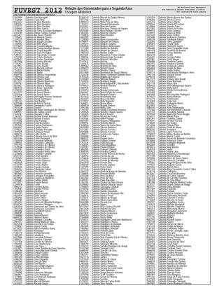FUVEST 2012 Relação dos Convocados para a Segunda Fase
Listagem Alfabética
CPD−FUVEST|06/12/2011|09:02:08|LISTCONV−01|PAG 0031
3047904 Gabriela Curi Menegatti
7532004 Gabriela Cuzin Silva
8321654 Gabriela da Silva Macacini
2003253 Gabriela da Silva Medeiros
1220777 Gabriela da Silva Perellon
1249469 Gabriela da Silva Santos
1778038 Gabriela da Terra Boccalato Rodrigues
2283240 Gabriela Dablan Samara Fazilari
6412411 Gabriela das Neves Dietrich
1785602 Gabriela de Almeida Gomes
3374215 Gabriela de Arantes Silva
1981412 Gabriela de Araujo Carvalho
1200582 Gabriela de Brito Utuari
5193879 Gabriela de Carvalho Miyake
5371029 Gabriela de Cassia Henrique Mosna
3604463 Gabriela de Castro Burattini
2447653 Gabriela de Faria Possebon
1209713 Gabriela de Figueiredo Trevizan
4792930 Gabriela de Franca Delmoro
6970601 Gabriela de Freitas Gandorphi
4877900 Gabriela de Godoy Macedo
7745447 Gabriela de Lima Araujo
4613967 Gabriela de Lima Bueno
3571718 Gabriela de Macedo Zaltman
7514522 Gabriela de Martin Polotto
4845086 Gabriela de Nadai
8569750 Gabriela de Oliveira Hespanholo
1489464 Gabriela de Oliveira Leal
6396206 Gabriela de Oliveira Mello
8577251 Gabriela de Oliveira Momesso
5395763 Gabriela de Oliveira Ribas
6424851 Gabriela de Oliveira Rodrigues
4869518 Gabriela de Paula Figueiredo
4798149 Gabriela de Sousa Gibim
6127572 Gabriela de Souza Oliveira
3334306 Gabriela de Souza Xavier
1979913 Gabriela Dell Aquila Perrone Sandoval
1805001 Gabriela Derani Domingues
3091103 Gabriela Dias Bonfim
6395588 Gabriela do Amaral Setem
2896040 Gabriela Domingues Fachin
1959736 Gabriela Donato
2436800 Gabriela dos Anjos Domingues de Oliveira
4009917 Gabriela dos Santos Lastra
1649787 Gabriela Dourado E Silva
3361837 Gabriela Drozina Frones Baliosian
8513302 Gabriela Durante Esteves
5175482 Gabriela Elias Paniago
8330960 Gabriela Emily Bernardes
3997002 Gabriela Esperini Guimaraes
8587007 Gabriela Espirito Santos
3749213 Gabriela Espolador Previatto
1949329 Gabriela Fantauzzi Poiani
4868715 Gabriela Felice Rocha
6383778 Gabriela Feliciano Souza da Silva
4833746 Gabriela Feltrin Pierangeli
7504859 Gabriela Fernanda Fantinatti
2289445 Gabriela Fernandes Camacho
1791758 Gabriela Fernandes de Oliveira
7528504 Gabriela Fernandes de Oliveira
4131593 Gabriela Fernandes Parra
8603454 Gabriela Fernandes Vieira Silva
1228806 Gabriela Fernandez Orlandi
8341144 Gabriela Ferrari Dal Bon
1787674 Gabriela Ferreira Galera
4785842 Gabriela Ferreira Gutierrez
4824028 Gabriela Ferreira Jorge
4133199 Gabriela Ferreira Nunes
3590526 Gabriela Figueira Gebara
3046357 Gabriela Figueiredo Cabral
2586973 Gabriela Fiore Bonicio
4852643 Gabriela Fontenele Jovanini
8544511 Gabriela Fornagieri Fernandes
6430904 Gabriela Fragoso de Medeiros
4595693 Gabriela Framba Vidotti
6710977 Gabriela Franzin Ravazi
2294976 Gabriela Freller
4800753 Gabriela Frizzarin Bassa
1492581 Gabriela Garrido Perossi
2286488 Gabriela Ghelman
4814393 Gabriela Ghizzi Vescovi
4625834 Gabriela Godo Tartare
2093966 Gabriela Gomes Alves
3092785 Gabriela Gomes Chagas
2894202 Gabriela Gomes de Almeida Rodrigues
8544194 Gabriela Goncalves Marques
5203818 Gabriela Guimaraes dos Santos da Silva
7012338 Gabriela Guimaraes Goncalves
4883496 Gabriela Guizalberti Garcia
3988505 Gabriela Gumiero
5384884 Gabriela Harumi Harano
6695525 Gabriela Heleno Chaves
2291600 Gabriela Henrique Carvalho
2901013 Gabriela Hering Motta da Silva
8625358 Gabriela Isys Ayres de Freitas
1239083 Gabriela Juarez Cocito
6116533 Gabriela Julio Fernandes Viana
5407361 Gabriela Kienbaum
1785118 Gabriela Kishida Koreeda
4805483 Gabriela Labadeca
8337886 Gabriela Lancellotti Schwarz
3098311 Gabriela Laskievic Colombo
1271978 Gabriela Lazarini de Oliveira
1956925 Gabriela Leao Stanischesk
1266881 Gabriela Leite Silva
4323871 Gabriela Lemos Batalha de Goes Sanches
6089794 Gabriela Lenora Machado Pieniak
3042630 Gabriela Lerbach Quiles
2895756 Gabriela Lessa Tronchin
3841494 Gabriela Lettieri Brandao
4784295 Gabriela Lima Chiquetto
3585148 Gabriela Lima da Silva
8558330 Gabriela Lino Ribeiro
5203622 Gabriela Lins Gondim Agalves
4597032 Gabriela Lopes de Azevedo
3366243 Gabriela Lotaif
2756800 Gabriela Lubascher Miragaia
3860861 Gabriela Lucio Rodrigues
1219892 Gabriela Lumi Arimura Kitakawa
1986085 Gabriela Lye Nagase
4121122 Gabriela Macedo Mariano
3731927 Gabriela Macedo Souza
2300742 Gabriela Macetti de Godoy Oliveira
4017166 Gabriela Malaspina
2893513 Gabriela Malta Felix da Silva
1755317 Gabriela Manami Natsumeda
8332451 Gabriela Manchim Favaro
7257572 Gabriela Marcassa Thomaz de Aquino
8576384 Gabriela Maria Bulhoes Vicente
1803324 Gabriela Maria de Oliveira
1760976 Gabriela Maria Rosolen
4003095 Gabriela Marin
1228005 Gabriela Marin Vasconcellos
5196971 Gabriela Marques de Omena
3395241 Gabriela Marques Juliano
6964460 Gabriela Marques Rabesquine
1273089 Gabriela Martins de Antonio
3865292 Gabriela Martins de Oliveira
1987543 Gabriela Martins Gobbi
8521605 Gabriela Mayumi de Freitas Otsubo
1988766 Gabriela Mayumi Soga Terasaka
7982161 Gabriela Mayumi Takeshita
5181631 Gabriela Mazeto
1241675 Gabriela Meira Rebello
2899562 Gabriela Meirinho da Silva
2096033 Gabriela Mellatti Gomes
3319311 Gabriela Mendes Chaves
8517489 Gabriela Mendonca de Souza Oliveira
3326238 Gabriela Mieko Yoshimura Orlandin Alves
6701630 Gabriela Migliato da Fonseca
4795683 Gabriela Miranda Abduch
7539010 Gabriela Momberg Araujo
3109117 Gabriela Montebugnoli N C Myczkowski
4790437 Gabriela Monteiro Avelino
3084938 Gabriela Montoni
3745453 Gabriela Moreira Semensato
4844461 Gabriela Moretti Pinto de Lemos
5396146 Gabriela Morgado Santos
4011633 Gabriela Moromizato Kina
4816597 Gabriela Mosca de Melo
3729972 Gabriela Mota Nogueira
1636811 Gabriela Mozas Alves
3844939 Gabriela Mugnol Ventura
2093180 Gabriela Muniz Silva
1793182 Gabriela Naraki Castellano Armansa
1209528 Gabriela Navarro Chagas Soares
1282825 Gabriela Neres Pereira
6118491 Gabriela Nicoleti de Freitas
1954568 Gabriela Nobre Fidalgo
8807001 Gabriela Nogueira Belagamba
6998796 Gabriela Noronha Morais
1638926 Gabriela Nunes da Gama Alves
8625900 Gabriela Oliveira Barbosa
4313051 Gabriela Oliveira Ferreira
8591888 Gabriela Oliveira Ferreira
2298711 Gabriela Orestes dos Santos
2094986 Gabriela Outuki
4809332 Gabriela Pagano Vieira
2298191 Gabriela Pagliusi Gennari
1757574 Gabriela Paiva Bussab
5368015 Gabriela Paiva Magalhaes
4325057 Gabriela Paulini Deutner
3862905 Gabriela Pedroso Chimello
3080765 Gabriela Peneiras Galitesi
3394214 Gabriela Pereira Bezerra da Rocha
1206756 Gabriela Pereira da Luz
2756646 Gabriela Pereira de Almeida
2451395 Gabriela Pereira de Miranda
8562930 Gabriela Pereira Dias
5406569 Gabriela Pereira Laplaca
1641395 Gabriela Petter Viana
3371144 Gabriela Pilegi Ibata
1965237 Gabriela Pimenta Araujo de Almeida
2286495 Gabriela Pimentel Mattar
6103308 Gabriela Pires da Rosa
3062564 Gabriela Pires da Silva
6389261 Gabriela Pyles Barcellos
2763765 Gabriela Queiroz da Silva Passos
6398602 Gabriela Queiroz Silva de Souza
2766843 Gabriela Quessada Cavallari
4784256 Gabriela Ramalho Lemos
8577123 Gabriela Ramiro Scaranelo
3982769 Gabriela Ramos de Alcantara Pini
3360475 Gabriela Ramos Ferraz
5370347 Gabriela Ribeiro de Araujo
3985562 Gabriela Ribeiro Goncalves
8634080 Gabriela Ricardo Vaz
1490356 Gabriela Rigote
8573947 Gabriela Rizzo Soares Rizzatti
8612528 Gabriela Roberta da Silva
8515171 Gabriela Roberta Ribeiro
8611839 Gabriela Rocha Guimaraes
8565103 Gabriela Rocha Lopes
5369890 Gabriela Rocha Mello
5416531 Gabriela Rodrigues Cavalcante Martinazzo
3083373 Gabriela Rodrigues Chaves
1204716 Gabriela Rodrigues de Andrade
3861899 Gabriela Rodrigues de Araujo
1483963 Gabriela Rodrigues Hortelan
6694918 Gabriela Romano Ulian
1793517 Gabriela Rosa de Fucio
6404592 Gabriela Rossi Zaia
8633433 Gabriela Ruiz Candolo V B de Oliveira
2441732 Gabriela Sa Souza
8815471 Gabriela Sabbag Salotti
1008799 Gabriela Sakagute Miranda
2104131 Gabriela Samara Rodriguez de Araujo
8332580 Gabriela Samogin Lima
6698197 Gabriela Sanches de Lima
3072409 Gabriela Sanchez
1993717 Gabriela Sannomiya Simoes
6671710 Gabriela Santos
5201429 Gabriela Santos de Souza
4604142 Gabriela Santos Neves
2903466 Gabriela Santos Pereira
3841206 Gabriela Santos Sarmento
4791941 Gabriela Sasson da Costa Couto
2090169 Gabriela Satie Nakasato
1285320 Gabriela Sayuri Nasseh Ishizawa
3375598 Gabriela Scaff Geraldes
3342662 Gabriela Serejo de Oliveira
7520280 Gabriela Serrano
5176157 Gabriela Silva de Farias Betini
1257583 Gabriela Silva Pereira
1793759 Gabriela Silveira Bueno dos Santos
4798206 Gabriela Silveira Correa
6425316 Gabriela Simoes Belote
6390566 Gabriela Simonetti Trevisan
6120866 Gabriela Siqueira Sene
8531001 Gabriela Soares de Freitas
1994915 Gabriela Souto Cardoso
3320915 Gabriela Souza de Melo
1477630 Gabriela Souza Freitas
3103648 Gabriela Suckeveris Giannico
3589278 Gabriela Takahashi Takiuti
1205405 Gabriela Tamy Gushiken
3564061 Gabriela Terumi Ueda
8572471 Gabriela Thomazini Jayme
1984480 Gabriela Tiemi Campanile Oeda
6687418 Gabriela Timotheo do Amaral
3594909 Gabriela Tomaz Martinho
4823218 Gabriela Toratti
2765691 Gabriela Torrejon Goitia
8552981 Gabriela Tosta Silveira
6386888 Gabriela Trombeta Santos
4861973 Gabriela Valadares Valente
2287000 Gabriela Varajao de Latorre
4454850 Gabriela Vargas da Silva
2091577 Gabriela Varjao Gruber
5190114 Gabriela Vasconcelos Rodrigues Alves
3992158 Gabriela Vatavuk Serrati
6396416 Gabriela Venancio
6431575 Gabriela Ventura Silva Boralli
3719355 Gabriela Viana Machado
3857178 Gabriela Vieira Lima
3094626 Gabriela Vilela Albuquerque Duarte
6694462 Gabriela Viotto Sarro
4120682 Gabriela Vitiello Pereira Brosco
4815400 Gabriela Wadt
2581848 Gabriela Wasconcellos Rodrigues
4619571 Gabriela Xavier Pinheiro
3112775 Gabriela Yamin Salmi
1635969 Gabriela Yenju Sun
3337067 Gabriela Yoneyama Nunes
8523905 Gabriela Yuko Otsu
3084540 Gabriela Yumi Shirakawabe
1772366 Gabriela Yuri Matsumoto Carazato
2101733 Gabriela Zuccolotto Soriano
4879569 Gabriele Aparecida Peron Broglio
3316571 Gabriele Bonato Parra
6387367 Gabriele Cantovitz Colletti
4878047 Gabriele da Silva Ferreira
6110605 Gabriele dos Santos
5414046 Gabriele Evilasio Pires
8320972 Gabriele Gentil de Moura
8805235 Gabriele Junqueira
3053145 Gabriele Lopes Forte Flor
1238597 Gabriele Matias Avelino do Bonfim
8598765 Gabriele Monise Carlos
4869646 Gabriele Pereira de Andrade Fernandes
6418866 Gabriele Pettenazzi Tome
6410549 Gabriele Rodrigues Brighenti
4856684 Gabriele Semolini
4810612 Gabriele Silva Martins
7500316 Gabrieli Colette
8553923 Gabrieli Cristina Lima
5661452 Gabriella Abrantes Cronemberger
6974788 Gabriella Akemi Kimura
3840086 Gabriella Alves de Souza Nunes
3322179 Gabriella Arima de Carvalho
1195587 Gabriella Augusta Nascimento Silva
1979525 Gabriella Augusto Garcia
4824206 Gabriella Baroni Viaes
3841334 Gabriella Beira Fernandes Costa E Silva
2106118 Gabriella Callegaris
8610267 Gabriella Cavazzini Pavarina
2772383 Gabriella da Cunha Takauti
3327226 Gabriella de Carvalho Quartieri
2780370 Gabriella de Lima Ribas
2287298 Gabriella de Martella Martins Fontes
3335721 Gabriella Duarte Dantas de Biaggi
4825571 Gabriella Dutra Bortolini
6977389 Gabriella Favaretto
2797461 Gabriella Furtado
1476221 Gabriella Garcia Sanches Feola
2296589 Gabriella Guimaraes Novaretti
3983643 Gabriella Labesten Ferreira
6115869 Gabriella Macedo de Assis
1992597 Gabriella Magalhaes Costa
2792674 Gabriella Manolio Pissiguelli
3113119 Gabriella Marinho Valavicius
1484257 Gabriella Matsumoto Murcia
3346010 Gabriella Mesquita Caporuscio
2440922 Gabriella Migliorini Munhon
3859122 Gabriella Ragazzi
1273235 Gabriella Ramos
4842243 Gabriella Rizziolli Santos
4787149 Gabriella Soares
1950915 Gabriella Vargas de Marco
3741420 Gabriella Vespe de Moura
5384165 Gabriella Yamashita Felber
4800461 Gabrielle Avelar Lamoglia Lopes
4314751 Gabrielle Baccarin
3733643 Gabrielle Barbosa Meireles Lima
8583304 Gabrielle Bazan Camassola
1289823 Gabrielle Brok Quevedo
3326601 Gabrielle Cerqueira da Silva
8332138 Gabrielle Chan Fabri
3378683 Gabrielle Christina Santos Santana
2001569 Gabrielle Cordeiro Trofa
3566070 Gabrielle Cristina Ferreira Pinto
8558137 Gabrielle Cristina Pestana
3319051 Gabrielle de Jesus Novaes
4838266 Gabrielle Dias
5195951 Gabrielle Fernandez Ferreira
2568039 Gabrielle Ferreira dos Santos
3039843 Gabrielle Madeira de Almeida
2445442 Gabrielle Napoleao de Oliveira
2423727 Gabrielle Navarro Antonio
3102311 Gabrielle Oliveira Dutra
8586058 Gabrielle Polo do Prado
4881997 Gabrielle Silva Marques
6997242 Gabrielle Veiga de Paula Ferreira
6121929 Gabrielle Vieira Pasquotto
3380702 Gabrielle Yabunaka Sakaguti
3697955 Gabrielle Zanoni Rodrigues Oliveira
de Gabriela Curi Menegatti
ate Gabrielle Zanoni Rodrigues Oliveira
366 candidatos nesta página
 