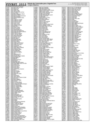 FUVEST 2012 Relação dos Convocados para a Segunda Fase
Listagem Alfabética
CPD−FUVEST|06/12/2011|09:02:08|LISTCONV−01|PAG 0033
2753326 Gisele Moreira Alves de Souza
5371812 Gisele Moreira Pena
4598586 Gisele Regina Ruy
5850816 Gisele Simone Coura
3746516 Gisele Soares da Silva
8627940 Gisele Terezinha Gomes da Silva
2065010 Giseli Rosa Natale
8512691 Gisella Bianco Andrade de Oliveira
1988481 Gisella Harue Enokihara
5855578 Gisella Rossana Lamas Samanamud
6113213 Giselle Bianco Bortoletto
3367473 Giselle Bonetti de Oliveira Santos
4594164 Giselle Boschi
7007743 Giselle Campos de Carvalho
2589019 Giselle de Melo dos Santos
1265498 Giselle de Menezes Viana
2785719 Giselle Franco de Sena
7519245 Giselle Garcia Trevizo
1013611 Giselle Santos de Lima
2284494 Giselle Schnaider Brunstein
1281082 Giselli Belli Viana
5200100 Giselli Simoes da Silva
2751026 Giselly Pereira da Silva
3595092 Gisely Alves de Aquino
3067629 Gisely Godtsfriedt dos Reis
4329319 Gislaine Aparecida Almeida Dias
3377810 Gislaine Aparecida Rebelo de Oliveira
6093110 Gislaine Helena da Cruz
3733433 Gislaine Thome de Andrade
1475315 Gislane Castro dos Santos
3389780 Gislene Aparecida Meschiati
4627924 Gislene Figueira Severino
8577162 Gisley Maver da Costa
8587306 Giulia Anne Mateus
8325567 Giulia Antonieto da Silva
1199639 Giulia Avallone Mendonca
3606642 Giulia Branco Spiess
6965885 Giulia Cardoso Fiorotto
5196811 Giulia Carolina Cuoco Di Renzo
3874957 Giulia Carolina Dias de Souza
2894743 Giulia Carolina Trecco Vaz
1490114 Giulia Cescatto Berti
1270876 Giulia Confuorto de Castro
8610623 Giulia Cristina Opipari Capitanini
2438405 Giulia D Alonso Ferreira
6094080 Giulia de Andrade Cardieri
3590113 Giulia de Arruda Maluf
4817083 Giulia Falcirolli Goncalves
3585447 Giulia Falcone de Lourenco
8560405 Giulia Faria
8609037 Giulia Gaglianone Lemos
1019856 Giulia Guerreiro Maria
1777356 Giulia Hernandes Fioratti Campista
6426813 Giulia Kochmanski Prati
4315465 Giulia Magri Ribeiro
1970864 Giulia Marchetti
2446448 Giulia Martins Menegazzo
3083680 Giulia Massignan
7507702 Giulia Meneguel Coltro
1962740 Giulia Mieko Menegussi Nakano
1255657 Giulia Pamina Migotto Sousa P da Silva
2013023 Giulia Paulella Presti
2291706 Giulia Pereira Bressani
4318283 Giulia Pereira Ferres
3055484 Giulia Pereira Patitucci
8620884 Giulia Pompolo Iossi
6421030 Giulia Quarentei Barros Brancher
8623695 Giulia Ramos
7529500 Giulia Silva Theodoro
3586894 Giulia Siqueira Galfano
2568879 Giulia Souza Tadei
3386299 Giulia Stefania de Campos
1232181 Giulia Stelzer
4603624 Giulia Tonetti Martini
1952802 Giulia Trofino Takaoka
8809511 Giulia Urban Gomes Lafaiete de Godoi
4837011 Giulia Vischi Peres
1792881 Giulia Wada Friguglietti
5657411 Giuliana Amarante Pagotti
7509070 Giuliana Bavoso
1797501 Giuliana Cesani de Oliveira
4848214 Giuliana Cesar Borba Raele
1228578 Giuliana Christina de Almeida Henriques
2790641 Giuliana de Almeida Lima
2281644 Giuliana de Camargo Nigro
7535819 Giuliana de Campos Chaves
3393856 Giuliana de Sa Dinelli
1486009 Giuliana Duru Murdocco
3855063 Giuliana Eboli Sotorilli
3751246 Giuliana Fernandes Munaretto
4314833 Giuliana Gadoni Giovanni Borges
2560470 Giuliana Gaggini Rondon
6421855 Giuliana Garcia
3369086 Giuliana Izumi Ueda
1618934 Giuliana Kimi Maeno Sturion
1799510 Giuliana Nardini Machado
3574664 Giuliana Pereira Lopes Vessoni
4820923 Giuliana Perrotte
3358008 Giuliana Pescarolli Spadoni
4012774 Giuliana Ribeiro
3389384 Giuliana Spinelli
4004877 Giuliana Tami Kawamura Nakamoto
6965376 Giuliane Bertaglia Correia
2771139 Giuliane Cristina Ruas Silvestre
6104400 Giulianna de Moraes Godinho
2587452 Giulianna Franchi
3593045 Giulianna Guirro Iodice
4846252 Giulianna Nogueira Terra Mandolesi
2796726 Giulianna Serva Colluci de F Flandoli
7530291 Giulianna Smanioto Delladona
1208643 Giulianna Taira Dedono
1482683 Giulianna Vankevicius Costenaro Rocha
8817102 Giuliano Barbosa Prado
5175728 Giuliano Cardoso Salvarani
3326793 Giuliano de Paula Ferrari
8628913 Giuliano Diehl Brunelli
2445257 Giuliano Laumes Azevedo Marques
1259239 Giuliano Marchese Brasiliano da Costa
2594490 Giuliano Souza Mendonca de Araujo
4873737 Giuliano Spinhardi Saragiotto
3367509 Giulio Cesare Mastrocinque Santo
4313069 Giulio Costa Cavalini
1792590 Giulio Sucar Pregnolato
1256385 Giullia Akina Shimomoto
7744929 Giullia Manli Higashi Tashiro
2000606 Giulliana de Marchi Eigenheer Ramos
3083583 Giulliana Petean Torrano
1202665 Giullya Gabriela Guimaraes Cabral
5394736 Giuseppe Cortez Giovanelli
3387643 Giuseppe Giacomini Kiefer
1971724 Giuseppe Mateus Boselli Lazzarini
2303681 Giuseppe Tropi Somma
4814322 Giuvanni Mutton
3092397 Givaldo Antonio dos Santos
1789091 Gizelle Barros Longo
7501293 Glacieli Aparecida Ramos
3575976 Glauber de Bona
2798385 Glauber de Lima Guarinello
2278833 Glauber de Moraes Luz
6705229 Glauber de Oliveira
3367249 Glauber Eduardo de Oliveira Santos
8605779 Glaucia Leopoldina Caetano
1807194 Glaucia Maria Simao Luiz Araujo
7496572 Glaucia Mariana Reis
5381308 Glaucia Oliveira Silva
2305814 Glaucia Prado Zanata
4319500 Glaucia Sayuri Takaoka
3049136 Glaucia Silva Cota
1982806 Glauco Cabral Marinho Plens
3066388 Glauco Chagas Bertolaccini
6127355 Glauco Parini
4322090 Glauco Rodrigues da Silva
3099274 Gleica Graviel Silva
6980969 Gleicy Gomes Romao
3743573 Gleicy Souza Morales
8509097 Gleisson Henrique Belotti
8811925 Gleisson Jose dos Santos Cipriano
2433220 Glenio Jose Peters Ligorio Junior
5404785 Glizia Paulo de Menezes
4006508 Grace Joplin Ferreira
2757748 Graciano Jorge Magno Goncalves
3116528 Graciele Almeida de Oliveira
2434378 Graciele Goncalves Carvalho
1253841 Graco de Souza Santos
6995985 Graco Terruggi Pertence
4819013 Grasiela Cristina Pereira dos Santos
3378861 Grasiela Martins
6410660 Grasiele Cardoso Orlando
1245385 Grasielle Dias da Costa
4006885 Grasielly Oliveira Demetrio
6089424 Graziela Alves da Cunha Valini
3719234 Graziela Campana Drago
4826495 Graziela Castelo Castelucci
7533227 Graziela Cezira Panelli
8512190 Graziela de Moura Aguiar
6398933 Graziela de Oliveira Teixeira Balieiro
1773009 Graziela de Souza Alves da Silva
7528924 Graziela Forcin
2010187 Graziela Kyung Mi Kim
3575870 Graziela Lojor de Araujo
3720514 Graziela Lopes de Sousa
6393473 Graziela Maniero Beloti
6411156 Graziela Maria Nalin
6100900 Graziela Pereira de Paula
6696196 Graziela Zabotto
5856324 Graziele Aparecida de Jesus Aguiar
6679130 Graziele Cordeiro Santana
1481211 Graziele Fernandes Mignoto
3858255 Graziele Granero Takeuti
4807858 Graziele Izalina Vasconcelos Bento
5374687 Graziele Monique Matias Alves
5858421 Grazieli Fernandes Goncalves
6673518 Grazieli Gianotti de Almeida
1238519 Graziella Fernandes da Silva
1759212 Graziella Maschietto Guerra
7504492 Graziella Modolo Perricelli Contador
2293430 Graziella Risolia Gallo
3325677 Graziella Santos Borges
2102397 Grazielle dos Santos Gomes
4800664 Grazielle Milan Dias
1006257 Grazielle Moreira de Matos Pinto
7007145 Grazielle Roberta Desiderio Gouveia
7253136 Grazielly Almeida Borges
8510854 Grazielly Ciampaglia
5848142 Grazielly de Cassia Ribeiro da Silva
8544899 Grazziela Olivieri Pereira
8808893 Gregori Ullmann
6428928 Gregorio Borghese Margiotta
1011464 Gregorio Furtado Possa
3373309 Gregorio Jenhei Nakamotome
2279839 Gregorio Lapa Cavallari
2778703 Gregorio Sang Woo Kang Kim
2579345 Gregorio Soares de Souza
1771499 Gregory Goncales de Almeida
3850582 Gregory Ribeiro Abreu de Araujo
6690446 Greice Nadja Wanderley Santos
2599950 Greiciele do Prado Santos
2100478 Greko Carvalho Figueiredo Primerano
4318461 Greta Coutinho Teixeira
3332497 Greta Yale Lima dos Santos
1000700 Greyce Palacio Paulino
6708289 Grimaldo Stanzani Junior
5860155 Gualter Guilherme Scatamburlo Moreira
6392414 Gualtiero Scarpari
5376599 Guido Porto Rosa
4333456 Guilherme Afonso do Nascimento
2425774 Guilherme Aires Rosse Pereira
1953676 Guilherme Akira Enokihara
3315505 Guilherme Akira Nishio
3370277 Guilherme Akiyama de Camargo
3853379 Guilherme Alegretti de Oliveira
8509503 Guilherme Alexandre dos Santos
3983942 Guilherme Alexandrino de Oliveira
3082645 Guilherme Almeida Farabello
6680128 Guilherme Altemari Vaz
5196416 Guilherme Alvarez Ferreira
5191740 Guilherme Alves Rezende
3071741 Guilherme Alves Ribeiro de Godoy
8812490 Guilherme Amaro Paim
6680427 Guilherme Americo Peres Martins
6414113 Guilherme Amorim Menegali
2770172 Guilherme Amorim Obelleiro
3702338 Guilherme Anderson Barros de Aquino
7529912 Guilherme Andriolli
2431574 Guilherme Anez de Toledo Blassioli
1281214 Guilherme Antonio Franca Pinheiro
1766915 Guilherme Antonio Marczak Giorio
4860825 Guilherme Antonio Novais Vieira
6690784 Guilherme Antonio Zambini
4801442 Guilherme Antonioli Boscolo
8545008 Guilherme Antunes Approbato
1793816 Guilherme Aparecido Silva Cavalcante
5382577 Guilherme Arantes de Achilles Mello
1776813 Guilherme Araujo Batista E Silva
4611845 Guilherme Araujo Duarte
2761892 Guilherme Araujo Prado
1758078 Guilherme Araujo Velasco Silva
7500088 Guilherme Arroyos
4334437 Guilherme Asai Oliveira
1262541 Guilherme Asayoshi Sakuda
1956291 Guilherme Augusto Aguiari
7510400 Guilherme Augusto Aparecido M Amorim
2442439 Guilherme Augusto Bileki
8333165 Guilherme Augusto Cantelli
1013981 Guilherme Augusto Coelho Ferreira
1244689 Guilherme Augusto da Silva O S Novaes
7987354 Guilherme Augusto das Neves Tacca
5398439 Guilherme Augusto de Matos Silva
6101086 Guilherme Augusto Dias de Matos
7523891 Guilherme Augusto Fernandes
4800657 Guilherme Augusto Ferraiolo Patrocinio
2796391 Guilherme Augusto Friziero Bandini
7747124 Guilherme Augusto Gil Bonato
6108255 Guilherme Augusto Granzoto Lopes
1201887 Guilherme Augusto Maesaka
8596579 Guilherme Augusto Marinzek Silva
4821313 Guilherme Augusto Montagner
3048543 Guilherme Augusto Ribeiro
1276555 Guilherme Augusto Rodrigues Silva
2088321 Guilherme Augusto Sakai Yoshike
3324778 Guilherme Augusto Stefani
8330728 Guilherme Augusto Tujera
3101113 Guilherme Bacarin
1637906 Guilherme Baia Bargas Uezima
4866721 Guilherme Banin
6429268 Guilherme Barbella Sandalo
6691911 Guilherme Barbosa
6120001 Guilherme Barros Baptistella
7511661 Guilherme Basso Pelusi
6673913 Guilherme Belini Navarro
7513114 Guilherme Bergamim dos Santos
3838669 Guilherme Bernardino Toffoli
4835512 Guilherme Bersi Pereira
1804458 Guilherme Bertolini Fernandes dos Santos
3051055 Guilherme Betim Galdino
3990794 Guilherme Bianciotto do Nascimento
3586870 Guilherme Blake Leichsenring
2110950 Guilherme Bonafin de Souza
3065966 Guilherme Bonifacio da Silva
4328007 Guilherme Bonvicini Monteiro da Cunha
3731795 Guilherme Bottairi Machado
1775572 Guilherme Braga Cliquet
3565722 Guilherme Breve Santa Maria
3370100 Guilherme Brito Namura
8533850 Guilherme Brito Rodrigues
3857484 Guilherme Bruno Antunes Celso
5366014 Guilherme Bueno Andrade
1259246 Guilherme Caldeira Peixoto Gomes
8598473 Guilherme Calderani Yaekashi
2284601 Guilherme Caliendo Marchesan
4872457 Guilherme Camargo Alves
1787037 Guilherme Camargo Giacomini
4134408 Guilherme Camilo Inacio
4132649 Guilherme Capiraco Campese
8620546 Guilherme Capranica Vicentini
4016089 Guilherme Cardoso Sobral
8541433 Guilherme Carmello Thimoteo
8549501 Guilherme Cartolano de Castro Ribeiro
6392550 Guilherme Carvalho Brito
3330628 Guilherme Carvalho da Costa Rocha
2095060 Guilherme Carvalho dos Santos
4799596 Guilherme Castro Correa
3983853 Guilherme Cavalcante Cesario
7520639 Guilherme Cavalheiro Pegoraro
7254633 Guilherme Cavallini Kehdi
8330906 Guilherme Chagas Martins
4784007 Guilherme Chiaramonte Nery Batista
4852885 Guilherme Chiarelli Sia
3865342 Guilherme Cintra
3374860 Guilherme Coelho
1278563 Guilherme Coelho Garcez
8587879 Guilherme Coelho Portilho
6711805 Guilherme Colautti Carreira
7511711 Guilherme Colombo Jacomini
4863458 Guilherme Consul Charles
3846114 Guilherme Conti Teixeira
8614671 Guilherme Cordaro Bucker Furini
8523307 Guilherme Correa Borsato
3097939 Guilherme Coscarelli Rufino Teles
2291492 Guilherme Costa Cayres
3064519 Guilherme Costa Lyra Porto
1478489 Guilherme Couto Goncalves
3335251 Guilherme Crepaldi Ferreira da Silva
4826972 Guilherme Crispim de Faria Cruz
1479623 Guilherme da Costa
5377854 Guilherme da Costa Barro Novo
7497158 Guilherme da Silva Biondo
6384606 Guilherme da Silva Bueno
6697451 Guilherme da Silva Macena
2590288 Guilherme da Silva Teixeira Pinto
8325873 Guilherme Dalbon Barbosa
6692415 Guilherme Darcoleto Malavolta
8627302 Guilherme Dario Alves
1495093 Guilherme Davi Batista de Carvalho
6689110 Guilherme de Abreu Marchetti
6969517 Guilherme de Abreu Polizel
8550069 Guilherme de Aguiar Schmidt Amuy
1206927 Guilherme de Aguiar Souza
6112289 Guilherme de Almeida Pinto
5406779 Guilherme de Araujo Cardoso
1197920 Guilherme de Arruda Cuadrado
3102628 Guilherme de Brito Tamaki
2574647 Guilherme de Campos Affonso
7538854 Guilherme de Castro Barraviera
8576719 Guilherme de Freitas Menezes
8634357 Guilherme de Lazari da Costa E Silva
de Gisele Moreira Alves de Souza
ate Guilherme de Lazari da Costa E Silva
366 candidatos nesta página
 