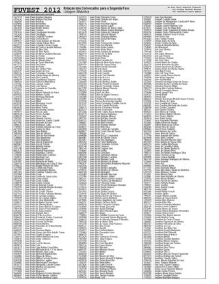 FUVEST 2012 Relação dos Convocados para a Segunda Fase
Listagem Alfabética
CPD−FUVEST|06/12/2011|09:02:09|LISTCONV−01|PAG 0042
1621414 Joao Paulo Angeluci Siqueira
1974236 Joao Paulo Ardoino Paschoal
7002454 Joao Paulo Assofras
6109695 Joao Paulo Bernardino
4879680 Joao Paulo Bernardo Faria
3863836 Joao Paulo Bonfim Santos
2433707 Joao Paulo Campos
7987824 Joao Paulo Casagrande Bertoldo
7522630 Joao Paulo Cinegaglia
7989056 Joao Paulo Cinquetti Possibon
3601129 Joao Paulo Correa Neves
2089672 Joao Paulo Costa Antunes de Macedo
1273250 Joao Paulo Curralo Falcao Pires
8625721 Joao Paulo Custodio Ferreira Longo
6978587 Joao Paulo da Cunha Carvalho Navarro
6672697 Joao Paulo da Silva Eloy
6972958 Joao Paulo da Silva Neves
3328449 Joao Paulo de Abreu Coutinho Boscolo
7518225 Joao Paulo de Freitas
1801309 Joao Paulo de Moraes Tranquez
8340730 Joao Paulo de Oliveira Nora
4593621 Joao Paulo de Tassis Machado
4617773 Joao Paulo Del Gelmo
1249768 Joao Paulo do Prado
7539828 Joao Paulo dos Santos Pinto
6692931 Joao Paulo Duarte da Cruz
4840146 Joao Paulo Fernandes Canedo
5374783 Joao Paulo Gabriel Braga de Oliveira
5852735 Joao Paulo Giro Cardoso
6696659 Joao Paulo Guardabaxo Siqueira
1988563 Joao Paulo Gutierrez Malandrino
2101466 Joao Paulo Lamana Castro
1251598 Joao Paulo Leite Nasser
4122637 Joao Paulo Leonardo de Carvalho
6110797 Joao Paulo Marcon
1635531 Joao Paulo Marino Dobarrio de Paiva
8545920 Joao Paulo Mathias Gentile
1244430 Joao Paulo Meningue Machado
3982833 Joao Paulo Migueis Preciso
4786500 Joao Paulo Milani
6674196 Joao Paulo Montejano Ferrari
5207738 Joao Paulo Moreira Rau
8610930 Joao Paulo Muniz Palma
1780402 Joao Paulo Nascimento Janeiro
1975911 Joao Paulo Pais de Julio
8807624 Joao Paulo Pereira Sandim
6388370 Joao Paulo Peres Lima
1947901 Joao Paulo Pimenta Ferreira
6701921 Joao Paulo Poiani dos Santos Capalti
6671905 Joao Paulo Resende de Lima
2096535 Joao Paulo Rodrigues Gatto
1785901 Joao Paulo Salviano Almeida da Costa
6677502 Joao Paulo Santos da Silva
6427826 Joao Paulo Silva Bombo
3983554 Joao Paulo Silva de Oliveira
2427370 Joao Paulo Silva do Nascimento
2288860 Joao Paulo Silva Mammana
2420193 Joao Paulo Silva Rodrigues
2760363 Joao Paulo Silverio Figueiredo
4605461 Joao Paulo Zuccoli Tessari
3047772 Joao Pedro Almeida Vianna
3351298 Joao Pedro Alves Bueno
8602570 Joao Pedro Antoneli Nakashima
1290050 Joao Pedro Argondizo Correia
1796506 Joao Pedro Avelar Alves Carneiro
7504072 Joao Pedro Bachega Cruz
4851687 Joao Pedro Barbosa Truzzi
6381987 Joao Pedro Bertanha de Nadai
3369710 Joao Pedro Billo Maues da Costa E Silva
4798633 Joao Pedro Brigido Pinheiro da Silva
3375908 Joao Pedro Camillo Dib Prado
7987297 Joao Pedro Campanharo Marans
4841383 Joao Pedro Cantusio Teixeira Leite
4329568 Joao Pedro Cesar
1645696 Joao Pedro Coelho de Sousa Lima
5855763 Joao Pedro Costa Cortez
7736505 Joao Pedro Costa Toribio
5388594 Joao Pedro Cunha Teixeira
2296938 Joao Pedro de Andrade Casari
1952599 Joao Pedro de Andrade Megale Brandao
5193014 Joao Pedro de Arruda Leme
1957016 Joao Pedro de Cesare Thieme
8327415 Joao Pedro de Freitas Feliciano Moreira
4830593 Joao Pedro de Lacerda Campos
1949699 Joao Pedro de Lia Catelan Sabino
6402118 Joao Pedro de Lima Montebello
2304071 Joao Pedro de Mattos Pereira Couto
6970131 Joao Pedro de Oliveira Nizato
3329451 Joao Pedro de Souza Barros S Luques
1981939 Joao Pedro de Souza Pena Barbosa
5392653 Joao Pedro de Souza Santos
8569468 Joao Pedro Durigan Alves
8560790 Joao Pedro El Faro Lucchesi
3586450 Joao Pedro El Hadi de Freitas Cavalcanti
4804424 Joao Pedro Favaretto Salvador
2430718 Joao Pedro Ferreira Del Pintor
8800708 Joao Pedro Finoto Martins
6697309 Joao Pedro Florentino de O Nascimento
8571437 Joao Pedro Garcia
6698222 Joao Pedro Germano Maion
4821224 Joao Pedro Gomes dos Reis Asbahr Tonon
3574461 Joao Pedro Gradim Fragoso
1760314 Joao Pedro Hoffert Monteiro de Lima
7258635 Joao Pedro Jorge Carbonez
5379030 Joao Pedro Lang
5861240 Joao Pedro Lara de Moraes
4839813 Joao Pedro Leite
1643617 Joao Pedro Lippi Robim Cesar Mine
3597912 Joao Pedro Machado M de C P de Abreu
4599396 Joao Pedro Mendes Silva Lega
3350591 Joao Pedro Micheletti Baptista Bim
1626906 Joao Pedro Miguel de Moura
2755291 Joao Pedro Molina Freneda Benites
3594290 Joao Pedro Monteiro Laginha
3556082 Joao Pedro Montenegro Carvalhaes
5416271 Joao Pedro Mosqueira Lanzoni Gomes
6714185 Joao Pedro Munhoz Desajacomo
8599486 Joao Pedro Neves Ferri
1772003 Joao Pedro Nogueira
5664605 Joao Pedro Nogueira Ferreira Monteiro
4828667 Joao Pedro Pazian Montes Soldera
1757631 Joao Pedro Pereira Bonifacio Lopes
3327913 Joao Pedro Petrosino Costa
3598583 Joao Pedro Pinheiro dos Anjos
1619317 Joao Pedro Piretti
4830718 Joao Pedro Pozzebon Aguiari
4795313 Joao Pedro Ramos Lopes
3044146 Joao Pedro Ribeiro de Barros Vidal
1771442 Joao Pedro Ribeiro Godoy Rodrigues
4012678 Joao Pedro Sabino de Camargo
1959743 Joao Pedro Spicciati Margini
2905079 Joao Pedro Stephano Martins
7747964 Joao Pedro Sussel Bertogna
4793320 Joao Pedro Tiol
8514945 Joao Pedro Trevisan dos Santos
1799121 Joao Pedro Uvo Mariano
1784984 Joao Pedro Vasku Santos
1644854 Joao Pedro Vieira Mariz
6424431 Joao Pedro Zambon de Andrade
4863419 Joao Pereira de Sa Neto
3593173 Joao Pironnet Mossa
4796422 Joao Pisani Porto
6974012 Joao Rafael Carvalho Se
1257989 Joao Rafael de Melo Rente Basso
8541974 Joao Rafael de Souza Gricio
1251406 Joao Rafael Lincoln Azevedo
1962757 Joao Ricardo Borzi
2791469 Joao Ricardo Cardenuto
6682240 Joao Ricardo Copette
3334847 Joao Ricardo Cruz Marinho
1637596 Joao Ricardo de Luca
6114906 Joao Ricardo Johnson
2283403 Joao Ricardo Martinez Baldin
8333763 Joao Ricardo Peruchi Scanavini
6100123 Joao Roberto Fernandes Lisboa
8617799 Joao Roberto Ribeiro Pimenta
3842824 Joao Rodrigo Novelli
3725899 Joao Soares da Silva
5198958 Joao Tadeu de Aguiar Fonseca
3342598 Joao Tavares Pini
3343091 Joao Tertuliano Nepomuceno Agra
3571928 Joao Thomas Benevenuto Libanori
1615742 Joao Tomas Fernandes Castilho Garcia
2011741 Joao Vicente Capello Rezende
3380773 Joao Vicente Fernandez Pereira
8625212 Joao Vicente Franceschi
2012366 Joao Vicente Tadeu Russo Romano
8534175 Joao Victor Adorno Haidamus
7503497 Joao Victor Andrade Missao
3997792 Joao Victor Belchior Goncalo
8340213 Joao Victor Binatti Peluque
7986601 Joao Victor Bloch Pereira
7010522 Joao Victor Brandao Wantuil
8568537 Joao Victor Brito Silva
6963959 Joao Victor Carloni de Carvalho
8609877 Joao Victor Creste Dias de Souza
1999264 Joao Victor Cruz
6969008 Joao Victor da Luz Carnavaroli
8604061 Joao Victor de Oliveira Souza
4815851 Joao Victor Dias Rodrigues
6983762 Joao Victor Fatori Maldonado
1212549 Joao Victor Fernandes Ferreira
8555148 Joao Victor Fonseca
1801145 Joao Victor Fragoso Dias
1478667 Joao Victor Godoy
6685090 Joao Victor Goncalves
1804255 Joao Victor Guimaraes Matsui
6967288 Joao Victor Marques Cardoso
8528343 Joao Victor Marques Corbi
8575268 Joao Victor Marques de Araujo
7983637 Joao Victor Massamitsu Katayama Miyazaki
8342036 Joao Victor Mendes
1755388 Joao Victor Mendes Barbalho
6709416 Joao Victor Mendes de Oliveira
4607708 Joao Victor Menegatti
4325064 Joao Victor Miranda Mucciolo
3723784 Joao Victor Morales Sallani
3987531 Joao Victor Oliveira Gomes Queiroz
5397401 Joao Victor Pacheco de Mendonca
3326626 Joao Victor Peterossi Farias
7735741 Joao Victor Picceli Domingues Brandao
6110434 Joao Victor Rocha Soares
8549871 Joao Victor Santanna
2011403 Joao Victor Santos Lorenzi
1254434 Joao Victor Sousa de Oliveira
3867180 Joao Vinicius Bezerra da Fonseca
3372748 Joao Vinicius Garcia Barbisan
6419085 Joao Vinicius Napolitano da Cunha
5665212 Joao Vinicius Pacheco Bertti
6690236 Joao Vinicius Perrucino Campos
7510584 Joao Vitor Araujo Saccardo
5378408 Joao Vitor Assad Santiago
3710203 Joao Vitor Attico Roman Lopes
6686519 Joao Vitor Bogas
1758854 Joao Vitor Candido Ferreira da Costa
3596988 Joao Vitor Cremonini Takano Mucoucah
5206433 Joao Vitor de Almeida Sampaio P Mendes
7005728 Joao Vitor de Matos Silva
6413278 Joao Vitor de Souza Lima Pacheco
8605131 Joao Vitor Dias Ferraz
6394073 Joao Vitor Ducatti
6702877 Joao Vitor Fanhani Marins
7735862 Joao Vitor Fernandes Lima
4806724 Joao Vitor Fim
8522529 Joao Vitor Guimaraes Ferreira
1967050 Joao Vitor Jabur Fogaca
5371292 Joao Vitor Lazzari
4006950 Joao Vitor Lima Marabisa
3087126 Joao Vitor Lopes Rocha
5400032 Joao Vitor Macarini
6091197 Joao Vitor Miranda Silvano
7743567 Joao Vitor Molitor
4838630 Joao Vitor Mota
7524388 Joao Vitor Muraro da Silva
6964484 Joao Vitor Nunes Brunetti V Balbino
6979430 Joao Vitor Perini Aravechia
1250197 Joao Vitor Pinho Mileo
6413844 Joao Vitor Quilici Freschi
3576003 Joao Vitor Rahal Rodrigues
1761149 Joao Vitor Rodrigues Pineiro
4825767 Joao Vitor Romano Vieira
3327781 Joao Vitor Souza Mendes
6384225 Joao Vitor Zanaga Sawaya
1979226 Joao Wady Cury
3750120 Joao Ygor Bozolan
3594841 Joaquim Castello Junior
3328965 Joaquim de Albuquerque Cavalcanti F Novo
8328450 Joaquim Ferreira Neto
4785461 Joaquim Gabriel Righetto Setti
8518751 Joaquim Jose de Paula Neto
3589919 Joaquim Pedro Gajardoni de Mattos Arruda
8530796 Joaquim Pedro Thomazelli de Castro
6404375 Joaquim Vinicius Ferraz Ferreira
6694680 Joara Elisa Giro
6416363 Joara Tomba Pereira
1270659 Jobson Sales de Sena
5378422 Jociele Cristina da Silva
4596247 Jociely de Almeida Martins
1758384 Joe Moroizumi
1239418 Joel Jose Simoes
1797768 Joel Kim
6123136 Joel Lopes Menezes
8523450 Joel Luiz Pereira
1757453 Joel Rovere Thomaz
3113700 Joel Zein Telles
1649075 Joelma Maria dos Santos
3562719 Joelma Verissimo da Silva
5392678 Joelson Inocencio de Oliveira
3998741 Johann Victor de Oliveira Duarte
2427437 John Alan Ferraro
1762888 John Chii Tyng Chao
1640037 John Lennon Gomes Bueno
1970298 John Victor Papazian
1635346 John Yudi Nishida
3372844 Johnatan Henrique Duarte de Sousa
2801098 Johnatan Rocha Carvalho de Paula
6110053 Johnatas Ximenes Milani
7982179 Johnny Akio Cordeiro Nobusa
3727754 Johnny Fernandes Neves
2779698 Johnny Jyundi Taira
2429737 Johnny Khafif
1804593 Johnny Seki
5860422 Johnson Neeskens Ricardo Souza Ferreira
3710406 Joice Amaro de Farias
3753795 Joice Candida do Carmo
6983285 Joice Carolina Machado dos Santos
5380708 Joice Cristine Sapatieri
3081511 Joice Duarte Ferreira
4594253 Joice Hirose de Toledo
3713014 Joice Naiara Batista Oliveira
5658292 Joice Soares Ribeiro
3559670 Joice Yukie Kariya
1274547 Joicy Fernandes Romano
2570403 Joigna Ribeiro de Araujo
2426851 Joilson Anunciacao Garcia
4836564 Joilson Silva de Souza
6994602 Joissi Ferrari Zaniboni
3697550 Jolie Antunes da Cunha
1246672 Jonas Alves de Souza
7517746 Jonas Augusto dos Santos
6674698 Jonas Baes Caetano
1984320 Jonas Bassfeld Maceno Silva
4837820 Jonas Batista de Souza Filho
6695233 Jonas Coelho Marchezan
5372316 Jonas de Carvalho Felinto
3092333 Jonas de Oliveira Beduschi
1223855 Jonas de Oliveira Pires
7498114 Jonas Del Nobile Domingues Silva
1481332 Jonas Ferreira Luccas
8509898 Jonas Franca Bardella
3841149 Jonas Henrique Rodrigues de Oliveira
1276644 Jonas Karasek
1781714 Jonas Kuo
6698884 Jonas Leandro Biotto
6111543 Jonas Machado Miguel
2447945 Jonas Marcondes Sarubi de Medeiros
6397070 Jonas Menezes Zenero
4123041 Jonas Moreira Silva
3324881 Jonas Naia Ramalho de Oliveira
1210103 Jonas Nievas Montes
2094510 Jonas Pascini de Oliveira
7504777 Jonas Pinheiro Amato
4798925 Jonas Serafim
4336783 Jonas Stanich Conde
4807146 Jonata Godoi
6431066 Jonata Rafael Freschi
8805356 Jonatan Jardini
1996791 Jonatan Ribeiro Justolin
4800493 Jonatas de Sousa Bueno
1245499 Jonatas Dias Romero
4881577 Jonatas Elias Rita
7521716 Jonatas Fernandes Marques
3062169 Jonatas Lemos Caldeira
5372985 Jonatas Nunes de Souza
5409160 Jonatas Rafael Rodrigues Hernandes
3558311 Jonatas Vieira Costa
3332006 Jonatas Viza Bastos Barreto
3744045 Jonath Martins Costa
5374986 Jonathan de Castro Chaves
1280087 Jonathan Figueiredo de Oliveira
5852767 Jonathan Florentino da Silva
2802702 Jonathan Jee Lee
1767561 Jonathan Jun Won Choi
1620554 Jonathan Kenichi Makiyama
6101321 Jonathan Koiti Shimoda
4841547 Jonathan Maycol Branco
3873008 Jonathan Minatti
1771378 Jonathan Osvaldo Natalicio
3372246 Jonathan Ribeiro Grigorio
2586489 Jonathan Roque dos Santos
6991677 Jonathan Santos
2894063 Jonathan Silva Torres
6101500 Jonathan Spada
5369843 Jonathan The Li
5662643 Jonathas Marcelo Pereira Figueiredo
8511073 Jonathas Rodrigo dos Santos
3045060 Jonathas Teixeira Salles
4794738 Jones Alberto Beijamim de Lima
1014617 Jones Santana Andrade
6096803 Joni Jose Cluxnei Cangucu
3353865 Jonison Eric Favaro Xavier
2765481 Jonny Cesar Florencio Manoel
3366058 Jordan Santos Pereira
8530789 Jordana Alexia Souza Santos
3744305 Jordana Cavaglieri Vieira
1793353 Jordana Machado Marques
de Joao Paulo Angeluci Siqueira
ate Jordana Machado Marques
366 candidatos nesta página
 
