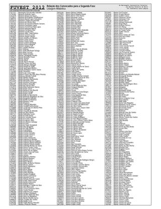FUVEST 2012 Relação dos Convocados para a Segunda Fase
Listagem Alfabética
CPD−FUVEST|06/12/2011|09:02:10|LISTCONV−01|PAG 0060
1017321 Mariangela Vasconcellos Valentini
2794369 Marianna Andrade Lopes
2422479 Marianna Borges de Souza
4129037 Marianna Breseghello Schaffhausser
2899135 Marianna Bueno Lopes Goncalves
6970544 Marianna Coimbra Arzamendia
5397522 Marianna de Oliveira Reis
1493765 Marianna Di Giovanni Pinheiro Serrano
5404276 Marianna Domingues Spina
3096381 Marianna Fischer de Paula Lopes
3981973 Marianna Morgado Marras
3325500 Marianna Parsanesi Dias
3867432 Marianna Suzuki Silva
6425298 Marianne Aline Tufani Batista
3573306 Marianne Esteves Costa
3055655 Marianne Rugno Oliveira
6114055 Mariano Antunes de Moraes
8589104 Mariano Farina Soares
1645059 Mariano Fiorino Soula
6414630 Mariano Gabriel Steinberg
8336784 Mariany Guerra Mangetti
4852586 Mariara Campos Forti
3566831 Marie Caroline Boutaud
1761875 Marie Grinberg
3362630 Marie Yoriko Mochizuki Sunaga
3580304 Mariel Adan Everson
4849444 Mariel Varjao Azoubel
6386938 Mariela Carmignani Grisotto
7503611 Mariela Romanini Pavan
7521342 Mariele Vertuan
5399085 Mariella Nihari
4823232 Marielle Marchi Rossini
3722134 Mariellen Gomes da Silva
7525974 Marielly Marques Malagoli
4865377 Mariely Araujo de Godoi
1617840 Mariely Spazzapan Martins
6973017 Mariely Zambianco Soares Sousa
1761680 Mariko Hanashiro
3348195 Marilena da Costa Felipe
3994320 Marilene Petruci dos Reis Alves Pimenta
3846930 Marileusa Almeida Schmitt
2566216 Marilia Adelino Hamaji
3839041 Marilia Alcantara Nascimento
8523264 Marilia Alexandre Ziotti
6671734 Marilia Anselmo Goncalves
6092491 Marilia Antunes Benedito
4879206 Marilia Ap Izepi da Silva
3332515 Marilia Arata Guimaraes Barros
6119038 Marilia Arede Garcia
4335329 Marilia Barbosa Lima Biazetti
2768449 Marilia Beatriz Koeppl
8326562 Marilia Beatriz Vischi
4607754 Marilia Bellio do Nascimento
3043471 Marilia Belmonte Magalhaes da Silva
8535163 Marilia Bergamini Valentini
1011208 Marilia Bonfim de Medeiros
1487164 Marilia Bonomo Costa
3992860 Marilia Brognara
3985345 Marilia Camargo Miyashiro
6092744 Marilia Candida Garcia Kanas
7520888 Marilia Cavalcante de Oliveira Pinto
8630946 Marilia Chellegatti
5855368 Marilia Criscuolo de Almeida
2301239 Marilia da Silva Valerio
3847127 Marilia Dalmeida Casaro
1214070 Marilia de Avila Pivaro
2768328 Marilia de Carvalho Souza
2425055 Marilia de Freitas Silva
5659558 Marilia de Moraes Silva
1775316 Marilia de Oliveira Camargo
1757550 Marilia de Paris
6708168 Marilia de Paula Stranghetti
4800900 Marilia Dias Bergamin
7535801 Marilia do Valle Ribeiro
4874967 Marilia Espanholeto
1984757 Marilia Famelli Maria
5385880 Marilia Ferreira Carvalho
1197392 Marilia Ferreira Fonseca
4836906 Marilia Ferriolli Coser
8522949 Marilia Fontes Damaceno
2425176 Marilia Gabriela de Almeida
3342477 Marilia Gabriela Moreira Pagliaro
1947004 Marilia Gabriela Oliveira Pimentel
1635008 Marilia Gabriela Pinheiro Bonfim
2434606 Marilia Gabriella Mendes de Souza
8559627 Marilia Garcia Pereira Castro
3334587 Marilia Gouvea de Franca Pereira
6123606 Marilia Harris Dias de Aguiar
4334743 Marilia Josiane Juca da Costa
2760872 Marilia Lemes Fuller
1799751 Marilia Lofrano
3740972 Marilia Malheiros Munhoz
5199191 Marilia Mateus Marques
1001922 Marilia Mayumi Inoue
8594083 Marilia Mazzi Moares
2754652 Marilia Melke de Barros Pinheiro
8523168 Marilia Moraes Simon
3039708 Marilia Naomi Nakayama
6389076 Marilia Natividade
3382482 Marilia Neves Baroni
2088240 Marilia Paiva Martins
1203685 Marilia Palma Bardella
1767077 Marilia Papaleo Gagliardi
8620681 Marilia Pereira Lima Durao
3733320 Marilia Pimentel Garcia
1766484 Marilia Pinheiro Rosa de Castro
6102081 Marilia Prado Salum Peroni
1208757 Marilia Ramires Inocencio
2436315 Marilia Rodela Oliveira
3399371 Marilia Rodrigues Franklin da Silva
8594329 Marilia Silva Mencucini
5408342 Marilia Tereza Generoso Vieira
6102067 Marilia Tesoto Passini
3988786 Marilia Valpeteris de Campos
1620084 Marilia Vazquez Rodrigues
3999989 Marilia Vicente Hilario da Silva
8523638 Marilia Vieira de Magalhaes
1772188 Marilia Westin Oliveira Garcia
6988624 Marilize Esgalha dos Santos
8321840 Marillia Bogon Costa
5399780 Marillia Paula Moraes Pimentel
7537599 Mariluce Piveta de Oliveira
8555283 Marina Adriano Soldado
1619452 Marina Akemi Nagano Aoyoki
4456327 Marina Akemi Teoi Chaves
8533582 Marina Alexandre Serra
6976508 Marina Alonso Evangelista
3574568 Marina Althuon Cruz
4794340 Marina Alves Brochado
1987358 Marina Alves Machado
3875062 Marina Amaral Gouveia
3583485 Marina Anchieta Bitun
8815628 Marina Andrade Lima
6430548 Marina Andrea Martins Rodomille
3037835 Marina Apolonio Carvalho
7741616 Marina Aronne Funchal de Barros
5380131 Marina Barsotti Stangorlini
3378637 Marina Batista Criscuolo
4790985 Marina Batista Paim
1284413 Marina Bepo Garcia
1286407 Marina Bertalha dos Santos
3320203 Marina Berti Joao
7525497 Marina Bezerro Constantini
4009590 Marina Bianca Batistao
2445524 Marina Bispo
4873720 Marina Borges Dias de Almeida
4006084 Marina Borja de Carvalho
4851317 Marina Bovaretto Tessari
6986121 Marina Braga de Oliveira
8804578 Marina Bragheto Oliveira
8599988 Marina Braghetto Felicio
6401607 Marina Branco da Silva
2290376 Marina Brazales Melo
5178838 Marina Bueno Santoro
8579398 Marina Buranelli de Oliveira
2281733 Marina Caboclo Peres
8553574 Marina Caetano Martins de Souza
2279675 Marina Caiaffa Bardi
4838298 Marina Caixeta dos Santos
3107739 Marina Calife Dauar
8567862 Marina Calsolari Conti
5371004 Marina Campos Russo
7005070 Marina Candido Visontai Cormedi
8575631 Marina Caporusso Garcia da Silva
6676247 Marina Cassiano Ribeiro
2292046 Marina Castellan Apocalypse
1781988 Marina Castro Rabelo
8518032 Marina Cau Ucella
6403444 Marina Cavalli Ribeiro da Silva
2432498 Marina Cerqueira Marinho
2757285 Marina Cieri Pinho
1980043 Marina Ciscato
8591226 Marina Clementoni Costa Borges
4884460 Marina Corona Cosmo
1020972 Marina Costa Agustinelli Silva
5370201 Marina Coutinho Britto
1792283 Marina Cristaldo Pimentel
4595565 Marina Cunha Godoy
3591254 Marina D Imperio Lima
2780558 Marina da Cunha Lima Doitschinoff
1769620 Marina da Fonte Leite Bittencourt
6126506 Marina da Silva Furlani
3590580 Marina Damasceno E Souza Chiari
2561361 Marina Dantas Allegro
5372063 Marina Davis de Almeida
8524074 Marina de Almeida Borges
8550756 Marina de Aquino Ferreira
2286538 Marina de Castro Stoppe
4820389 Marina de Godoy Rodrigues
2107227 Marina de Haro Miguel Leandro
1992309 Marina de Jesus Lameira Carrico Nimer
3574785 Marina de Macedo Lacerda Ferreira
8342641 Marina de Marchi Moraghi
6384734 Marina de Mattos Arzolla
4319660 Marina de Oliveira Emerick
3711789 Marina de Oliveira Silva
3708914 Marina de Oliveira Vicedomini
5390870 Marina de Sa Moreira
1975904 Marina de Souza Lopes
8324522 Marina Delege
8542097 Marina Della Libera Torteli
3381708 Marina Dias Giacon
3566817 Marina Dias Simonetti
4787213 Marina Diel de Araujo
4792566 Marina Dioto
8597841 Marina Dipe Damando
2102640 Marina Domingos dos Santos
4792655 Marina Donati Valverde
6700207 Marina Duarte de Val
8590455 Marina Elena de Souza Roque Ferreira
6694786 Marina Elias Brasileiro do Carmo
2797319 Marina Elisa Fazoli
1231841 Marina Emy Nakahara
4800625 Marina Fachetti Pontes
1797704 Marina Fadel Bearzi
7015099 Marina Faloni Machado Rodrigues Borges
1790211 Marina Feres Hallack
1274376 Marina Fernandes Primo
1252419 Marina Fernandes Sanches Barros
1993891 Marina Fernandes Vasconcellos
8546786 Marina Figueiredo Fontana
3102700 Marina Flores Autiero
1982674 Marina Fonseca Prata Martins
8576830 Marina Foresti dos Santos
8817682 Marina Frank Lemos
8561343 Marina Froner Sisdelli
7539671 Marina Furtado Piras
3564353 Marina Furtado Targa
5368346 Marina Gabriel Fontes
7512083 Marina Garbelotti
6978053 Marina Garcia Xavier
3870193 Marina Giacon Eloy de Souza
5400947 Marina Gil Almeida Cioffi
1981355 Marina Giovannetti Bacellar do Carmo
2290636 Marina Giovedi Arnoldi
6994417 Marina Golgato Polloto
6991606 Marina Gomes
6094550 Marina Gomes Garcia
6698650 Marina Gomes Rachid
3584410 Marina Goncalves Garrote
4788411 Marina Goncalves Marques
8512467 Marina Goncalves Renesto
7509607 Marina Goulart Dorigo
8812589 Marina Grabin Lemos
8334947 Marina Graf Grachet
4618260 Marina Gregory Moraes
5665010 Marina Guedes Correa
6962387 Marina Guimaraes Destro
1236831 Marina Guimaraes Frias
4014138 Marina Harumi Stocco
3341329 Marina Hatsumi Hamassaki
1982891 Marina Hurga Mussi
3360233 Marina Imamura Porreca
3387593 Marina Ines Murua
3072373 Marina Isaura do Nascimento
4858742 Marina Iza Tavoni Furlan
8535747 Marina Jardim Tarozzo
3316781 Marina Jotten
7523197 Marina Kaiser Gomes de Faria
4132161 Marina Kaori Iura Oshiro
2603294 Marina Keunecke
4004440 Marina Kuhn
3565398 Marina Lage Gomes Demasi
1230885 Marina Lago Pena Pozelli
4852472 Marina Leite Jacheta
3062685 Marina Lemos Ferreira Sacchi
3098763 Marina Lemos Oriente
1258070 Marina Lorencini Pedo
8568633 Marina Lorenzini Palmiro
1805649 Marina Lyra Pessoa de Queiroz
6408410 Marina Machuca de Godoi
2088684 Marina Magrini Luiz Alonso
4888430 Marina Malagoni Caruso
3039964 Marina Mangold Campos
8607876 Marina Maria Zaia Sanches
6391223 Marina Martin
3578221 Marina Martins Martes
4613629 Marina Martins Simioli
4851299 Marina Martinucci Candalaft
6410129 Marina Mattos Rebeis
7982834 Marina Mauro Gomes
5177191 Marina Melo Moreira
8614237 Marina Mendes
6684678 Marina Mendonca de Almeida Malzoni
7745461 Marina Meneguello Nicolau
3734275 Marina Menoita Alves
6981829 Marina Merigue Baraldi
3603429 Marina Miragaia de Miguel
6711876 Marina Miranda Gaioto
3362191 Marina Miury Sato Rodrigues Alves
2895279 Marina Molinas Alcala
4019815 Marina Molognoni
8629399 Marina Monte Verde
2009620 Marina Montingelli Ortega
1224050 Marina Moreira Vicente Gomes
1014033 Marina Moretao
4799361 Marina Moretti Decarli
2104786 Marina Mori Helou
6114105 Marina Moron Cerqueira Cesar
3747155 Marina Moura Barreto
4837043 Marina Nallin Violin
3999050 Marina Naomi Sato Maganha
4800170 Marina Napoleao Faccio Tavares
1493224 Marina Nascimento de Souza
4128501 Marina Nascimento Xavier
3335397 Marina Navarro Arbex
1999104 Marina Nishimuni
3324664 Marina Nobrega Lima dos Santos
8510555 Marina Nogues da Costa
3085463 Marina Novais de Oliveira
2791241 Marina Oliveira Teixeira dos Santos
3330286 Marina Osorio Perez
4594495 Marina Palla Miranda
3069181 Marina Pape
6417846 Marina Pedersen
2782025 Marina Pedroni Teixeira
4864340 Marina Pereira da Silva Breda
3732299 Marina Pessoa Silva
6381970 Marina Pilon
8323107 Marina Pinheiro Lima Rosa
6392624 Marina Possenti Frizzarin
7745689 Marina Prado Camargo
6710490 Marina Pratta Coelho
8593420 Marina Precinotto da Cruz
3984478 Marina Premazzi
5175621 Marina Pupke Marone
2893118 Marina Quaresma Fernandes
3334360 Marina Quintas Panizza
5412892 Marina Ramos da Silva Rocha
8329206 Marina Rebelato Fiori
4873979 Marina Reggiani Guzzo
2587947 Marina Reinoldes
3321771 Marina Reis Delgadinho
2000638 Marina Ribeiro Casartelli
5393463 Marina Ribeiro de Oliveira
2900915 Marina Ribeiro Mattos
5852094 Marina Rodrigues Barbosa
1968831 Marina Rodrigues Cavalcante
7512674 Marina Rodrigues dos Santos
8541337 Marina Rodrigues Parizi
8522123 Marina Rodriguez da Silva
1473524 Marina Romera Cavallari
5397262 Marina Rosa Pupo
3340227 Marina Rossi Gurgel
1946945 Marina Sala Leite
1995426 Marina Salemi Riechelmann
3331064 Marina Santi Lopes Garcia
7496412 Marina Santoro de Oliveira Calsolari
1009869 Marina Santos Cerillo
6999147 Marina Scaramuzza Bressan
4803048 Marina Sconzo Polydoro
4627148 Marina Severiano Soares
8627195 Marina Silva E Siqueira
3989137 Marina Silva Fida Carneiro
3560668 Marina Silveira Ferreira Leite
5862569 Marina Silverio Tirelli
8330614 Marina Silvia Zan Siqueira
3111075 Marina Siqueira Cesar
7256335 Marina Soares Silverio
3704944 Marina Soares Tomiatti
8336108 Marina Somera Fiorini
7003015 Marina Takemoto Matsumoto
5402026 Marina Tavares Costa
3368536 Marina Teixeira Achkar
7744509 Marina Teixeira de Garcia
7007661 Marina Teixeira de Mello
de Mariangela Vasconcellos Valentini
ate Marina Teixeira de Mello
366 candidatos nesta página
 