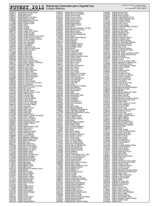 FUVEST 2012 Relação dos Convocados para a Segunda Fase
Listagem Alfabética
CPD−FUVEST|06/12/2011|09:02:10|LISTCONV−01|PAG 0065
2580575 Natalia Biston do Nascimento
4839119 Natalia Blumer Souza
4008975 Natalia Bonati Pires
4789367 Natalia Bonfante Carceliano
3994814 Natalia Borrasca Pereira
3986098 Natalia Bowkunouvicz Marcon
7497681 Natalia Butignoli Segala
6120080 Natalia Caetano da Silva
6699705 Natalia Callera
1233828 Natalia Camargo
4316859 Natalia Camargo
2585558 Natalia Camilo Souza
8805979 Natalia Campos Lima Taveira
8572418 Natalia Cardoso da Silva
1969431 Natalia Cardoso Damato
2587930 Natalia Carolina Barbosa C dos Santos
3363603 Natalia Caroline Peccin Goncalves
6128603 Natalia Caroline Rodrigues Fonseca
4823136 Natalia Correa de Freitas
3370626 Natalia Correa Montagner
7509518 Natalia Cortez Bodelao
5395464 Natalia Costa Ribeiro
4847087 Natalia Crepaldi Del Coco
2759432 Natalia Cristina do Prado Amorim
8627310 Natalia Cristina Estaofoca
7516352 Natalia Cristina Sala
7535908 Natalia Cunha Busch
3398013 Natalia da Silva Gitti
8550230 Natalia da Silva Rego
2001633 Natalia da Silva Viana
2092580 Natalia Dalsenter Avilez
5375270 Natalia Damas Nogueira Silva
4867271 Natalia Dantas Santana P de Moraes
4884363 Natalia de Araujo Nalon
3117167 Natalia de Freitas Carlos
3386872 Natalia de Lima Costa
6099137 Natalia de Mani Ladeira
6993055 Natalia de Oliveira Barravieri
3117555 Natalia de Oliveira Brito
3725187 Natalia de Oliveira Coutinho
4599567 Natalia de Oliveira Goncalves
6111850 Natalia de Oliveira Ravagnani
8589684 Natalia de Oliveira Silva
5856527 Natalia de Paiva Diniz
3988238 Natalia de Paula Ramalho
2562495 Natalia de Souza Carlos Goncalves
5400228 Natalia do Val Siqueira
2757303 Natalia Doratioto Serrano Faria Braz
8339976 Natalia Dozzi Tezza Cruz
3874035 Natalia Elias Morais
4844162 Natalia Elisa dos Santos
5371602 Natalia Fagundes Borges Teruel
6966599 Natalia Farina Pereira
6121562 Natalia Fernanda Poles
4817667 Natalia Fernandes Najar
4873662 Natalia Ferreira de Almeida
3845700 Natalia Ferreira Weber
5404493 Natalia Fontana Francischini
3371023 Natalia Franz da Costa Dias
8600376 Natalia Franzoni de Oliveira
2791476 Natalia Gaio Lopes
1241530 Natalia Galindo Cestaro
6706199 Natalia Gallo Cerrao
5400250 Natalia Galvao Silva
6674036 Natalia Ganiku Dini
3733248 Natalia Gasperoni Pires
1219967 Natalia Gloeden Goncales de Almeida
2575464 Natalia Gomes Calimera
1267549 Natalia Gomes de Andrade
3852619 Natalia Goncalves Veloso
3583834 Natalia Gotardo Muniz de Souza
2598317 Natalia Grandi de Oliveira
8549451 Natalia Gruber
6965159 Natalia Izabel Neumann Jorge
8602338 Natalia Izilda Geromel
2569924 Natalia Jardanovski
7523681 Natalia Junqueira Buainain
6387125 Natalia Kelly Araujo Lins
2299731 Natalia Liceu Volonakis
4806884 Natalia Loyola Verneque
4850471 Natalia Magalhaes Rodrigues
2303165 Natalia Magno Araujo Ferreira
6990170 Natalia Marcao Domingues
6676845 Natalia Marcomini
8601371 Natalia Marcomini Perez
4876904 Natalia Maria Barreto Mota
3323498 Natalia Maria Correa Vianna
7747448 Natalia Marques de Oliveira
3093314 Natalia Marques de Souza
5175540 Natalia Martines Meira
2436258 Natalia Martins Arruda
6697483 Natalia Martins do Prado Elias
2792603 Natalia Martins Rodrigues
2102486 Natalia Mayumi Kuraoka
2785733 Natalia Mazzolani Zucchini
6396583 Natalia Medeiros da Silva
1765432 Natalia Meyagusko
1483010 Natalia Miguel Blanco
1244618 Natalia Miquelin Toledo
1644733 Natalia Mitie Kouchi
4851452 Natalia Monique de Almeida Ferreira
7527046 Natalia Mucare
3843400 Natalia Naomi Suzuki
3330418 Natalia Naomy Ishikawa
4616365 Natalia Navarro Fujiki
2010917 Natalia Navarro Gabriel
3112412 Natalia Naville de Farias
3116236 Natalia Nogueira Maia
2900203 Natalia Novo Monteiro
5412547 Natalia Oliveira Santana
4125163 Natalia Osiro
1983192 Natalia Padilha Zuccon
4133288 Natalia Paladino Rosa
1196867 Natalia Pantazis Peres
4817973 Natalia Paula Cardoso
1801580 Natalia Pavoni Rodrigues
4861877 Natalia Pereira
8523773 Natalia Pereira
4869169 Natalia Pereira Ramos
3357803 Natalia Perella Proft
4817390 Natalia Piai Ferreira
8610776 Natalia Picinato Raphael
2900274 Natalia Pimenta Guadagnin
1781109 Natalia Pires de Vasconcelos
7501126 Natalia Porfirio Avelino
8533372 Natalia Posses Carreira
5849365 Natalia Querido Verreschi
1796431 Natalia Quevedo Dama
5392023 Natalia Ramos Noleto
3039341 Natalia Reggiani Manzo
4126589 Natalia Regina Costanzi
3586015 Natalia Reis Sa
3569180 Natalia Resegue Mamblona F da Silva
6696584 Natalia Ribeiro da Conceicao
5375091 Natalia Ribeiro Santos
2568263 Natalia Ricardo Albertone
5413898 Natalia Rick Viana Ramachiotti
1986936 Natalia Rigotto
1786476 Natalia Rister Portinari Maranca
5192688 Natalia Ritter Ruas
3351113 Natalia Rodrigues
6699299 Natalia Rodrigues
7253271 Natalia Rodrigues Biscassi
3369517 Natalia Rodrigues Galvao
2107095 Natalia Rodrigues Shiota
1477202 Natalia Romao
4802195 Natalia Russo Carlos
1224341 Natalia S Picolomini
3095379 Natalia Sahyoun Camargo
1224583 Natalia Sandoval Pereira
2107191 Natalia Santos Sampaio de Souza
2285016 Natalia Sartini Fonseca
3325563 Natalia Scudeler Umeda
3996249 Natalia Silva de Almeida
7514497 Natalia Silva E Castro
4866212 Natalia Silva Tezzin
5375134 Natalia Simoes Evangelista
5193039 Natalia Siste Santos
1768026 Natalia Soares Esper
8514960 Natalia Souza Assis
4868672 Natalia Souza Fidelis
7982357 Natalia Stadela Silva Favaretto
4609463 Natalia Stephanie Leme Saar
3746256 Natalia Tanan Sanches
3083035 Natalia Teles Rosendo Silva
3840182 Natalia Tome Domingos
3345199 Natalia Trigo Balestrin
5658980 Natalia Tudeschini
4120127 Natalia Uehara
4123326 Natalia Vasconcelos Fernandez
8339702 Natalia Viana Bibikow
1799670 Natalia Vicente Jaremko
3987684 Natalia Vieira Mendes
1003275 Natalia Violim
4811899 Natalia Vobeto Pedra
4850083 Natalia Vukomanovic Molck
8569219 Natalia Yanota Marin
1006524 Natalia Yoshimoto
1207096 Natalia Yumi Mukai
8508821 Natalie Chantal Ah Time
2799786 Natalie Garcia Mendonca
2294920 Natalie Kenj
3090962 Natalie Marino Vieira
1289905 Natalie Mayumi Miyamoto
4864827 Natalie Stephanie Sawada Nunes
1760606 Natalie Veiga Muniz Zanforlin
6419199 Natalina Aparecida Mariano Pacheco
1762347 Natalli Kaory Honji
7494614 Natally Crepaldi Azevedo
1755616 Nataly de Moura Fatima
5383152 Nataly Fiorentini Santanna
3569076 Nataly Klajner
7744014 Nataly Neri Napoli Grangeiro
6416751 Nataly Otsubo Panaia
4852807 Nataly Stefany Pereira
4130114 Natan Lorenzini Fallaguasta
5199580 Natan Nascimento Santos
1478891 Natan Novak
3058620 Natan Oliveira Bastos
4801727 Natan Pereira da Silva
7516459 Natan Rodrigues Valenciano
6975541 Natan Santos Fernandes
2751599 Natan Schettini Pena
6971571 Natan Teixeira Manfrin
1759504 Natane de Araujo Miglioli
3066153 Natane de Santana Santos
1217464 Natani Harumi Hatakeyama
3726677 Natasha Aires de Oliveira Giani
2766238 Natasha Almeida Macedo
4311584 Natasha Amanda Messias
2788890 Natasha Arabuski Anselmo
3592388 Natasha Balthazar
5404504 Natasha Beran Gil
6111358 Natasha Cristina Bellaz do A C Silva
6400284 Natasha Cruz Fialho de Freitas
3371856 Natasha de Oliveira Malara
8557050 Natasha Gomes Botelho
1620038 Natasha Hiromi Umezu
4868359 Natasha Maia Pansani E Arantes
7985855 Natasha Manzoli Elias
1766954 Natasha Maues Botelho da Costa
1793660 Natasha Mekanna Moraes
2304502 Natasha Migliati Levy
1793143 Natasha Muszkat
1209752 Natasha Peixinho Brazuna
2283524 Natasha S Puppo
3373063 Natasha Santoro
3089209 Natasha Shiotsuku Firme
3744223 Natassia de Menezes Campos
4888575 Nathali Christine Mendes Krenke
2568377 Nathali de Farias Ono
6412436 Nathalia Akemi Sato Mitsunari
4013851 Nathalia Alboredo Magalhaes
6383123 Nathalia Andia Cypriano
8561368 Nathalia Andrade Verissimo
4597395 Nathalia Angelica Silva
4327760 Nathalia Araujo do Carmo
3843513 Nathalia Barbara Meleiro Santos
8581602 Nathalia Barbosa Furlan
2094908 Nathalia Barbosa Garrido
1289937 Nathalia Batista Rodrigues de Aguiar
7538410 Nathalia Baumann Eleuterio
5664345 Nathalia Bettoni Oliveira
6408929 Nathalia Bicudo Teixeira Carvalho
3061284 Nathalia Brasolin Porto
2448068 Nathalia Bueno da Silva
6432613 Nathalia Bueno Giordano
3396838 Nathalia Caldas Medeiros de Sa
6402011 Nathalia Camilla Roseghini Lopes
1795767 Nathalia Castanho Brunelli
7521488 Nathalia Castelano Tavares
3994369 Nathalia Cortez Gomes
8571000 Nathalia Costa de Aguiar
2893125 Nathalia Cristina Domingues de Barros
6705290 Nathalia Cuel Pizzi
2302693 Nathalia da Silva Ramos Elias
2089050 Nathalia da Silva Xavier
3746548 Nathalia Danielly da Silva
4336670 Nathalia Dantas Barros
6388946 Nathalia Dario Zambon
8588162 Nathalia de Almeida Caldeira
3364915 Nathalia de Andrade Silva
4598942 Nathalia de Oliveira Antonio
3354052 Nathalia de Toledo Moura Marques
2754684 Nathalia Del Rosso Barichello
8598360 Nathalia Dias Batistim Garcia
3565544 Nathalia Diniz Fronza
4595063 Nathalia do Amaral Gastardo
5190527 Nathalia do Nascimento Santos
3374674 Nathalia dos Santos
2585768 Nathalia dos Santos Fernandes de Avila
2893755 Nathalia dos Santos Rocha da Silva
3567488 Nathalia Fan Naville
6394900 Nathalia Fernanda Franzin
4134917 Nathalia Ferreira
2087123 Nathalia Ferreira de Souza E Silva
1761601 Nathalia Figueiredo de Almeida Seki
2092889 Nathalia Florentino de Oliveira
6091539 Nathalia Franchon Marques Tejada
8542019 Nathalia Freitas Dompietro
4815901 Nathalia Galante
1286340 Nathalia Galindo Cordeiro
6978847 Nathalia Garcia Vicino
4333577 Nathalia Gastaldo de Paula
1222251 Nathalia Goncalves de Macedo
6425871 Nathalia Gouveia Gasparini
4796803 Nathalia Guerta Jorge Rosa
3864532 Nathalia Hass Silva de Lima
2562207 Nathalia Leite Martins
8629214 Nathalia Leticia de Pina Silva
2101427 Nathalia Lobato Pereira
2794547 Nathalia Lucena de Oliveira
4842332 Nathalia Manso Kozlowski Pitombeira
1000891 Nathalia Martins de Souza
3988359 Nathalia Miashiro
3986657 Nathalia Miranda Ribeiro dos Santos
4325192 Nathalia Modesto de Melo
8619693 Nathalia Moyses Benelli
3583916 Nathalia Nascente de Lima
1793531 Nathalia Nicodemos Peixoto de Oliveira
1627207 Nathalia Norma Oliveira de Castro
3844615 Nathalia Ottoboni Reis
5185918 Nathalia Penha Cardoso de Franca
8594382 Nathalia Penha Rodrigues
1191877 Nathalia Pereira da Silva
4607099 Nathalia Pereira Zago
1633174 Nathalia Pessoa Ferraz Fernandes
2583824 Nathalia Porfirio dos Santos
6097549 Nathalia Proeti Pardo
6392236 Nathalia Queiroz Christofoletti
4863401 Nathalia Regina Taparello Ronchi
2102714 Nathalia Ribeiro Bignotto
2583653 Nathalia Ribeiro Dangelo
6098310 Nathalia Ribeiro Nogueira
5395005 Nathalia Rios Bittencourt Hurst
2424448 Nathalia Rocha Arriola Carneiro
2761807 Nathalia Rodrigues de Andrade
4842688 Nathalia Rosa Ziolle
6396804 Nathalia Santos
1289175 Nathalia Santos Andrijic
2427177 Nathalia Santos de Oliveira Brizola
3742838 Nathalia Santos Viana Silva
6410684 Nathalia Sepulveda Dorigon
4875916 Nathalia Silva de Paulo
2766882 Nathalia Souza Gomes
4135595 Nathalia Szmuszkowicz
2108440 Nathalia Taccolini Manzoni
4821200 Nathalia Tamie Murakami
6110174 Nathalia Terciani
6418600 Nathalia Teresinha Baptista Oliveira
4333335 Nathalia Terumi Kawakami
1996318 Nathalia Tiveron Guerra
3367085 Nathalia Varga Matsutani
3354127 Nathalia Venancio de Souza
1207573 Nathalia Vianna Brito
5200811 Nathalia Vieira da Silva
3849904 Nathalia Vieira do Nascimento
3846071 Nathalia Yuriko Ota
6678935 Nathalia Zambon
5344053 Nathalie Amanda de Souza Cooper
3338532 Nathalie Azevedo Amaral de Deus
4790729 Nathalie Barbara Hering
6995234 Nathalie Canhameiro Oliveira
3084557 Nathalie Esteves Provoste
4010912 Nathalie June Marumoto
1250546 Nathalie Menegoli de Andrade Ribeiro
2291097 Nathalie Valim de Souza Bernasconi
3364484 Nathaly Araujo Carlos
5410343 Nathaly Cristine Schendroski
4002926 Nathaly de Oliveira Bosoni
1192954 Nathaly Guatura da Silva
3363910 Nathaly Haritov
8557081 Nathalya de Souza Lima
4879448 Nathalya Fernanda Rossi
7258133 Nathalya Shimomura Ito
2443815 Nathan Bortman
8619191 Nathan Caum E Silva
1783576 Nathan David de Castro
2779506 Nathan Freitas Goncalves
4784231 Nathan Gabriel Zanon Rodrigues
2287608 Nathan Gouvea Aguiar
7011542 Nathan Henrique Imamura
4004254 Nathan Hermenegildo Lisboa
3719533 Nathan Rodrighero Salinas Polachini
1974738 Nathan Verdade Santos
7254836 Nathan Vieira
de Natalia Biston do Nascimento
ate Nathan Vieira
366 candidatos nesta página
 