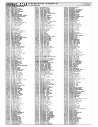 FUVEST 2012 Relação dos Convocados para a Segunda Fase
Listagem Alfabética
CPD−FUVEST|06/12/2011|09:02:11|LISTCONV−01|PAG 0070
2092622 Philip Shimizu
3841601 Philipe Garcia Takahashi
4879067 Philipe Paschoal Luz Pereira
2755494 Philippe Akira Uehara
6962711 Philippe Solano Toledo Silva
4131465 Phillip Willians Leite
4860533 Phillipe Cardoso
1966232 Phillipe Romanzini Bastos
1794957 Phillippe de Campos Thiers Watanabe
7532506 Pier Kenji Rauschkolb Katsuda Ito
2293874 Piera Garcia Aguilar
4313197 Pierre Sodre Magalhaes
8615339 Pietra Daneluzzi Quinelato
1987657 Pietro Bruno Bautista Pisani
4866582 Pietro Gaetano Alfonso
3858141 Pietro Henrique de Carvalho Nunes
4865904 Pietro Mendonca de Santis Sica
4833162 Pietro Nogueira de Almeida
1285846 Pietro Schiavinatto Alves
1972235 Pietro Soares Ramalho
2286367 Pietro Tochio Lucci
3563408 Pilar Bosque Barretto
6094617 Pilar Delgado da Silva
1958196 Pilar Ramo Baptista
2101092 Plinio Daniel Murino Sonzzini
3367570 Plinio Jose Ferreira Van Deursen
8594553 Plinio Marques de Siqueira
6674449 Plinio Melhado Baldi
4833187 Plinio Salles Guazzone
8576854 Pllinio Rocha Santana
6398794 Poliana Carolina das Neves
2291784 Poliana Chinamerem Moreira Kamalu
4005598 Poliana Goncalves Teixeira
6990244 Poliana Lourenco Gomes
6672359 Poliana Silva Rezende
1763400 Poline Spitti Rocha
4318778 Pollyana Batista Rocha
2109826 Pollyana Martins Kalicki
2296800 Pollyanna Alves da Silva
6997502 Pollyanna Cintra Silva
7520589 Pollyanna de Oliveira Vendrameto
1971860 Prentice de Almeida Mello Neto
3370028 Pricilla Silva de Aquino
6995259 Priniely Beatriz Reis Scarin
3750525 Prisciellen Rosane Pacheco
7982784 Priscila Akemi Katayama
5858955 Priscila Amaral de Sa
5848135 Priscila Aparecida Monteiro Borges
1965333 Priscila Arruda de Nichile Prado
7009897 Priscila Barata Pinheiro
2796570 Priscila Barbosa Ribeiro
8525151 Priscila Batista de Araujo
1221929 Priscila Bellini Carmona
6402698 Priscila Breseghelo de Camargo
2449953 Priscila Caccer Tomazelli
6698891 Priscila Camara
3371984 Priscila Cangiani de Abreu
1799324 Priscila Cardoso Morales
1969090 Priscila Carpinetti de Souza
6408181 Priscila Cepa Freiria
3722547 Priscila Clarice Costa de Oliveira Silva
6397330 Priscila Costa
2584837 Priscila Cravo Leandro
3845546 Priscila Criolezio Zuini
2421498 Priscila Cruz Barbosa da Silva
7742928 Priscila da Costa Rodrigues
2603636 Priscila da Silva
4454956 Priscila da Silva Marcelino
5379870 Priscila Davillar dos Santos
3562295 Priscila de Castro Kesselring
2422582 Priscila de Luna Farias
3986689 Priscila de Oliveira Gibelli
5192122 Priscila de Oliveira Martins
2800854 Priscila de Oliveira Rossetto
8334356 Priscila Diniz Giraldeli
6113761 Priscila Domingues Mendes de Oliveira
4612872 Priscila Errerias Bonfietti
1243570 Priscila Esteves da Silva
8567168 Priscila Fernanda Vieira
2770293 Priscila Fernandes Barros
4002673 Priscila Florentino
2789952 Priscila Gabriel Alcantara da Silva
2770208 Priscila Galdino da Silva
1958698 Priscila Galvao Povoa
4130146 Priscila Gimenez Bortolotti
6092826 Priscila Gomes de Carvalho
3053985 Priscila Gomes de Oliveira
3061359 Priscila Gontijo Correa
4797111 Priscila Gouvea Elias
8520019 Priscila Guerra de Oliveira
1245937 Priscila Helga Sales Baracho
3033356 Priscila Hemmel Costa
1636423 Priscila Hikari Zito
1779268 Priscila In Ae Jung
6098409 Priscila Ivanchuk Damian
1274757 Priscila Kaori Taira
7258496 Priscila Karen Marques
2005083 Priscila Kawana
1990490 Priscila Kiyoko Okazaki
2301328 Priscila Klimuk Uchiyama
2436361 Priscila Kneipp Barbuy Wilhelm
6427915 Priscila Lima de Oliveira
4828375 Priscila Lima Tavares
5382004 Priscila Lira de Sousa
3849975 Priscila Lira Ferreira
6381550 Priscila Lopes de Oliveira
2805303 Priscila Lumi Tateo
6387029 Priscila Lydia Petrelli
7539326 Priscila Manfio Queiroz
4859431 Priscila Maria Pedroti Matteuzzi
6687585 Priscila Marques Firmiano
1209567 Priscila Mary Silva
5407265 Priscila Matos
7523279 Priscila Matter Borges
2600864 Priscila Miguita Coelho
3857406 Priscila Miranda Amaral
8320634 Priscila Montanari Torelli
5179744 Priscila Monteiro de Brito
7008902 Priscila Morales Andreazzi
3354351 Priscila Moreno Santiago
6385576 Priscila Morgado de Moura
6678593 Priscila Mori Palacon
8543562 Priscila Nakao Ozaki
2588732 Priscila Nogueira Batista
2759700 Priscila Oliveira da Silva
4798786 Priscila Oliveira Martins
3042914 Priscila Olivia de Sousa
3387636 Priscila Petrosino Correia
6396074 Priscila Petrucelli Freire de Carvalho
4795570 Priscila Podda
2091367 Priscila Queiroz Rodrigues
1006500 Priscila Regina Jorge
3328214 Priscila Ribeiro Albuquerque
2585387 Priscila Ribeiro da Silva
1255187 Priscila Rodrigues Manoel
8586115 Priscila Rosa Lopes
1769797 Priscila Rossi Julio Pellegrino Gianotti
3358823 Priscila Sales Luz Guimaraes
4320779 Priscila Santos Calegari
1987194 Priscila Sarachini
3036410 Priscila Sartorelli Fernandes Pontes
1643745 Priscila Sayuri Egashira Nitta
6386824 Priscila Silveira Correa
5409704 Priscila Tavares Coelho de Lemos
8804674 Priscila Teles Ferreira
5196601 Priscila Vieira Goncalves
7746129 Priscila Villani Franca
3323893 Priscila Xavier Luz
1962771 Priscila Zamith
1984629 Priscila Zen Fujita
2422850 Priscilla Auilo Haikal
1628775 Priscilla Batista da Silva
3351896 Priscilla Candida Ferreira O Santos
4784886 Priscilla Caramatti Santos
3844729 Priscilla Correa dos Santos
5198812 Priscilla Costa dos Santos
3043628 Priscilla Escudero Falsetti
3731230 Priscilla Faria Pereira
4127350 Priscilla Filietaz Rocco
6702425 Priscilla Lopes Carrijo
1289816 Priscilla Maciel Ramos
1995159 Priscilla Miho Fujihara
2561557 Priscilla Nascimento da Silva
2286157 Priscilla Oddone Cardoso Ferreira
5851334 Priscilla Oliveira Brosler
1214767 Priscilla Sayuri Silva
6999282 Priscilla Sayuri Takiy da Silva
3101184 Priscilla Silva de Oliveira
4841084 Priscilla Soares Jordao Pinto
4799540 Priscilla Soares Santos
1973636 Priscilla Sousa Martins
1766655 Priscilla Wainer Licht
2765638 Priscylla Alves Quintanilha
1970608 Quefren de Moura Camargo Barroso
8554562 Queren Suursoo
8619832 Querolin Carol Tavares da Cunha
3876926 Quezia Cristina Ferraz da Silva
1214960 Quezia Rebeca Silva Flores
6408936 Rachel Bergantin
4134430 Rachel Bolchi Borges de Moraes
3595676 Rachel Canto Figueiredo
2448538 Rachel de Jesus Pagliatto
3997365 Rachel de Souza Daniel
3113845 Rachel do Carmo Oliveira
6428084 Rachel Ferraz de Camargo
4795861 Rachel Ismael Nascimento
3588557 Rachel Kalkaslief de Souza
3385368 Rachel Nogueira Vicentini Faleiros
3863875 Rachel Oliveira de Assis
3599429 Rachel Saksanian Hallak
4596845 Rachel Santiago da Silva Velho
2101854 Rachel Vita Torres de Oliveira
3578641 Rachel Wagner
3565284 Rachele M A Santangelo
2902414 Radames Alves de Oliveira
4326903 Radharani Gita Kanesiro
4848602 Rafael Abe
5367479 Rafael Adailton dos Reis Machado
1772487 Rafael Aguiar Nogueira E Franco
2790164 Rafael Akira Tamashiro
6389293 Rafael Alberto Fortunato
1619178 Rafael Albino Aroucha Ribeiro
4806788 Rafael Alejandro Carrabs Castrillo
5412006 Rafael Alex Chieza
3047103 Rafael Almeida Carvalho
1191884 Rafael Almeida Meira Ponsoni
2580109 Rafael Almeida Stedile
5417811 Rafael Alves Boutros
3325499 Rafael Alves de Araujo Sena
7744982 Rafael Alves de Lima
4865936 Rafael Alves Dourado Leite
1227024 Rafael Alves Lucena Gomes
6964203 Rafael Alves Teixeira
5194301 Rafael Alves Terras
5367162 Rafael Amador Vilhena Celeste
2279740 Rafael Angotti Miranda
8777031 Rafael Antonio da Silva
3859600 Rafael Antunes Campos
6117941 Rafael Antunes Vieira
6096867 Rafael Anzuino Carrara
8563060 Rafael Aparecido Dias Lima
4868722 Rafael Aparecido Granzotti
1805179 Rafael Aparecido Martins Frade
4120561 Rafael Appugliese Girotto
8810563 Rafael Arantes Rios
3039100 Rafael Araujo Mota
4789125 Rafael Araujo Ribeiro
8623550 Rafael Arcadepani Correa
1265135 Rafael Assuncao Verde
8635637 Rafael Augusto Arantes
5852678 Rafael Augusto Batista Toledo
6988745 Rafael Augusto Bilia de Almeida
3730501 Rafael Augusto da Silva Batista
2088816 Rafael Augusto da Silva Veiga
6115374 Rafael Augusto de Barros Meireles
8328887 Rafael Augusto de Godoy Rosolen
5381016 Rafael Augusto Galante Mathias
5660973 Rafael Augusto Monteiro
4604968 Rafael Augusto Tognetti
8806458 Rafael Avalos Hallak
6422708 Rafael Aziani Guarino
1266109 Rafael Bahia Felizatte
7741178 Rafael Balak Pedroso Rocha
4611674 Rafael Baldoni do Valle Tallim
3339577 Rafael Barberi Macedo
2426488 Rafael Barbosa
4794542 Rafael Barbosa Vendramini Costa
3361118 Rafael Bargieri Franca Freire
3046161 Rafael Barreto Annarumma
5195182 Rafael Bartolozzi Perez
6692205 Rafael Basilio Ferro
2802613 Rafael Basilio Yamashita
4878008 Rafael Bassetto Ferreira
8581610 Rafael Beicker Barbosa de Oliveira
2774701 Rafael Bellinatti Medina
1640083 Rafael Bellini Begosso
4884356 Rafael Bello Bendl
1012908 Rafael Belmiro Cristovao
3728411 Rafael Bergjohann
3085253 Rafael Bertelli Ferraro
4878190 Rafael Bertolotti de Freitas
2762663 Rafael Bibini Romer Lacerda
4599873 Rafael Bicalho de Pinho
4010524 Rafael Bida Guabiraba Martins
8320285 Rafael Blascke de Mello
1621396 Rafael Bonavina Ribeiro
7005347 Rafael Bonfietti Carrenho
1793481 Rafael Borges Coelho
3579519 Rafael Borguin Eustaquio
6401169 Rafael Bracks
8334477 Rafael Braguin Machado
1756320 Rafael Breviglieri dos Santos
3084354 Rafael Briganti Duro
1021729 Rafael Bruno Ferreira Figueiredo
6096010 Rafael Bueno Silva
8317652 Rafael Burim Ramos
1797348 Rafael Busse Savi
6700933 Rafael Bussolan Mariano
6400206 Rafael Calzolari Buchidid
2294677 Rafael Camargos Santos
3730871 Rafael Camillo de Oliveira
3351323 Rafael Campiglia Navarro
2422543 Rafael Campos Cruz
8519369 Rafael Campos Mello
6119294 Rafael Cannavale Graca
8527309 Rafael Cantagalli de Souza
5199177 Rafael Capponero
4844714 Rafael Cardoso Marques
3604770 Rafael Cardoso Victorino
1259584 Rafael Carneiro Soares
2766829 Rafael Carreira Galante Meyer
2000702 Rafael Caruso Tayti Nascimento
8575446 Rafael Carvalho Bonuti
3354141 Rafael Carvalho de Mendonca Miranda
3597905 Rafael Carvalho Mendes Santos
7527562 Rafael Castilho Zanluchi
2767201 Rafael Cavalcante Dias
1497183 Rafael Cavalcante Novak
4815171 Rafael Centenaro Cintra
3329355 Rafael Cesar Leite da Silva
8539336 Rafael Cesar Pellicani Pastore
8608298 Rafael Cesar Zampieri Farina
2299432 Rafael Chaimovitz Silberfeld
1788107 Rafael Chao Ming Wang
1410253 Rafael Cimatti Elias
3319197 Rafael Cizeski Nitchai
8577454 Rafael Clemente
1964231 Rafael Coelho Martinez
3112864 Rafael Collaco Lopez de Oliveira
6697241 Rafael Consalvi Pignocchi
1998109 Rafael Consentino Giannetti
5388014 Rafael Conte
1949724 Rafael Coregliano Ring
2087867 Rafael Correa Pankratz
1244372 Rafael Costa Nogueira
8605206 Rafael Costabile Menegucci
2771687 Rafael Cunha do Amaral
8566568 Rafael Cyrillo Abbud
3389904 Rafael da Conceicao Oyhenart Farhat
7006189 Rafael da Fonseca Lameiro
3367587 Rafael da Silva Alves
1475692 Rafael da Silva Barros
3351743 Rafael da Silva Bezerra Melo
1776254 Rafael da Silva Castro
3871886 Rafael da Silva Costa
5188348 Rafael da Silva Santos
4623107 Rafael Dadao
1977136 Rafael Dantas Porto Nascimento
2791711 Rafael Darriba Lamas Pereira
4594545 Rafael Davi Eric Pavanelli Delgado
1991972 Rafael Davila Gama
3558845 Rafael de Almeida Cardoso Sandoval
6673393 Rafael de Almeida Martarello
1787891 Rafael de Almeida Trindade
8324209 Rafael de Andrade Cruz
1018722 Rafael de Andrade Jemene
3348569 Rafael de Araujo Viana
1638335 Rafael de Arruda
8617112 Rafael de Carvalho Ceregatti de Console
1241853 Rafael de Carvalho Lima
1801394 Rafael de Carvalho Marcondes
2583062 Rafael de Carvalho Passarini
3750571 Rafael de Jesus Oliveira
3330877 Rafael de Lima Moraes
6685239 Rafael de Moraes Prado
4000882 Rafael de Oliveira
6397774 Rafael de Oliveira Bonaldo
1785239 Rafael de Oliveira Rangel
6685980 Rafael de Oliveira Silva
2441084 Rafael de Santana Cordeiro dos Santos
2298736 Rafael Del Nero
3362939 Rafael Del Omo Filho
2101758 Rafael Del Picchia
1203151 Rafael Deyrmandjian Rosalino
5410464 Rafael Dias Assuncao
4324222 Rafael Dias Gomes
4318447 Rafael Dias Santos
1955015 Rafael Doca Prado
5856139 Rafael Domingues de Lima
7516181 Rafael Domingues de Oliveira
1783252 Rafael Dornellas Feltrin
3386139 Rafael dos Reis Neves
8583343 Rafael dos Reis Santos
2419757 Rafael dos Santos
3326925 Rafael dos Santos Pires
6413171 Rafael Dragone
de Philip Shimizu
ate Rafael Dragone
366 candidatos nesta página
 