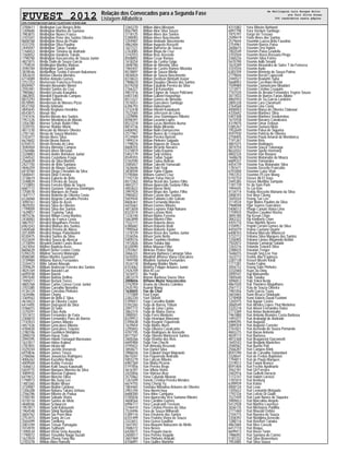 FUVEST 2012 Relação dos Convocados para a Segunda Fase
Listagem Alfabética
CPD−FUVEST|06/12/2011|09:02:11|LISTCONV−01|PAG 0086
3700611 Wellington Luiz Borges Brito
1209600 Wellington Martins de Santana
7983815 Wellington Nunes Franco
3101501 Wellington Peter dos Santos Oliveira
8608768 Wellington Rosa do Prado
4337255 Wellington Silva Paulino
2445047 Wellington Takao Tanaka
1768453 Wellington Timoteo de Andrade
7260052 Wellington Vandreis Toledo
1798700 Wellington Vasconcelos de Souza Junior
4821815 Wellis Dalin de Souza Garcia
1759034 Welllington Martins Mateus
3590184 Wellyngton Sam Geraldi
3878546 Wellynthon Toshio Estevam Nakamura
3052610 Welson Oliveira Mendes
6714089 Welton Antonio Gomes
3751253 Wemerson Francisco Pereira
8509407 Wendel Alexandre Moriel
2592481 Wendel Santos da Cruz
7985862 Wendel Uesato Kawahira
3862855 Wendell Figueiredo Campos
8815293 Wender Santos
8578905 Wenderson de Moraes Pizzo
8537350 Wendy Ishimoto
4845645 Wendy Regitano Hendrikx
8543815