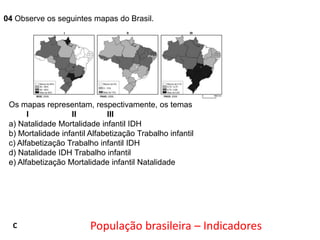04 Observe os seguintes mapas do Brasil.

Os mapas representam, respectivamente, os temas
I
II
III
a) Natalidade Mortalidade infantil IDH
b) Mortalidade infantil Alfabetização Trabalho infantil
c) Alfabetização Trabalho infantil IDH
d) Natalidade IDH Trabalho infantil
e) Alfabetização Mortalidade infantil Natalidade

C

População brasileira – Indicadores

 