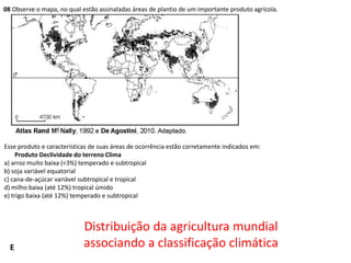 08 Observe o mapa, no qual estão assinaladas áreas de plantio de um importante produto agrícola.

Esse produto e características de suas áreas de ocorrência estão corretamente indicados em:
Produto Declividade do terreno Clima
a) arroz muito baixa (<3%) temperado e subtropical
b) soja variável equatorial
c) cana-de-açúcar variável subtropical e tropical
d) milho baixa (até 12%) tropical úmido
e) trigo baixa (até 12%) temperado e subtropical

E

Distribuição da agricultura mundial
associando a classificação climática

 