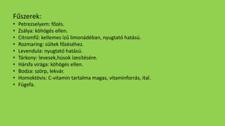Fűszerek:
• Petrezselyem: főzés.
• Zsálya: köhögés ellen.
• Citromfű: kellemes ízű limonádéban, nyugtató hatású.
• Rozmaring: sültek főzéséhez.
• Levendula: nyugtató hatású.
• Tárkony: levesek,húsok ízesítésére.
• Hársfa virága: köhögés ellen.
• Bodza: szörp, lekvár.
• Homoktövis: C-vitamin tartalma magas, vitaminforrás, ital.
• Fügefa.
 