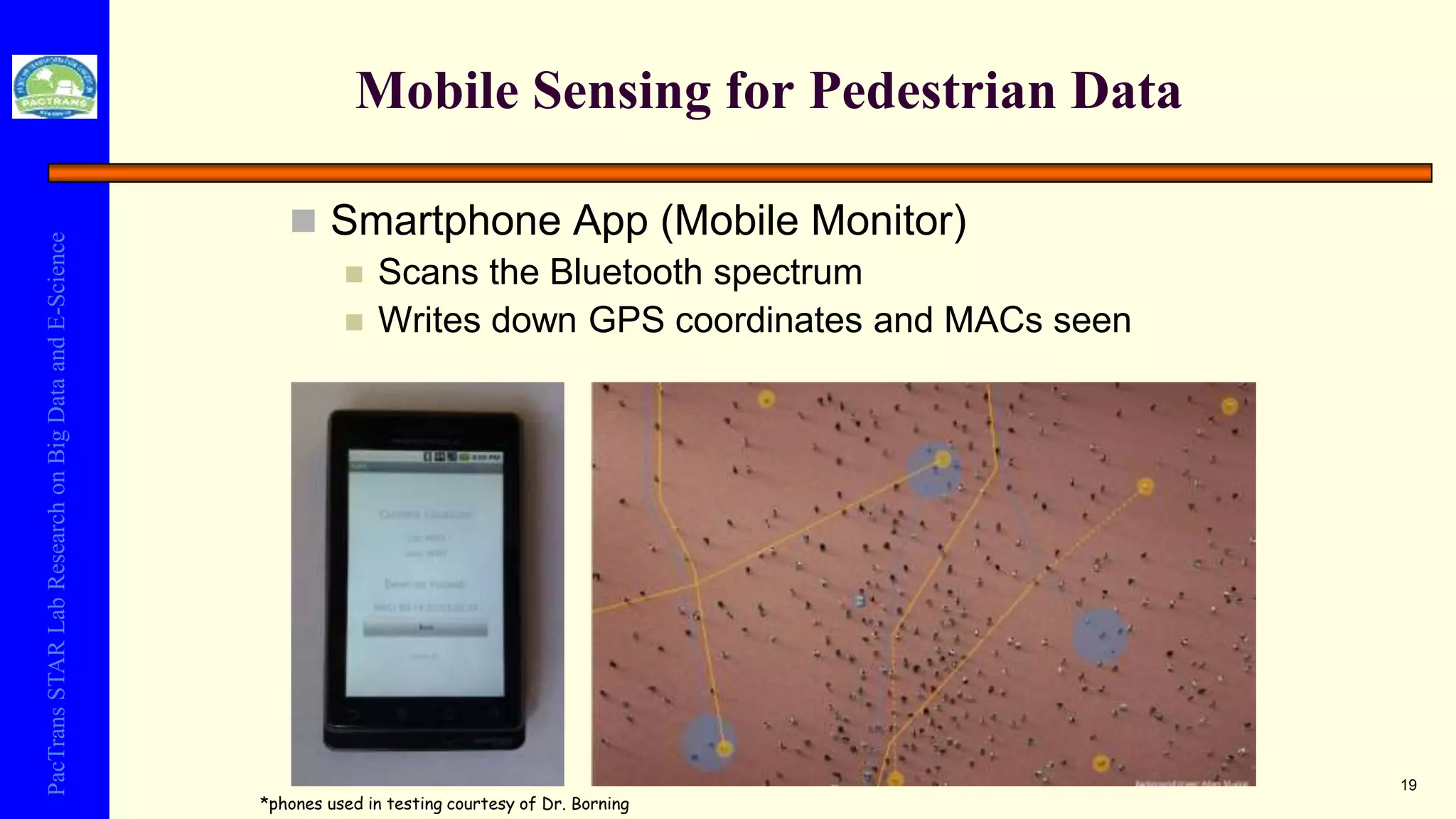 PacTransSTARLabResearchonBigDataandE-Science
Mobile Sensing for Pedestrian Data
 Smartphone App (Mobile Monitor)
 Scans the Bluetooth spectrum
 Writes down GPS coordinates and MACs seen
*phones used in testing courtesy of Dr. Borning
19
 