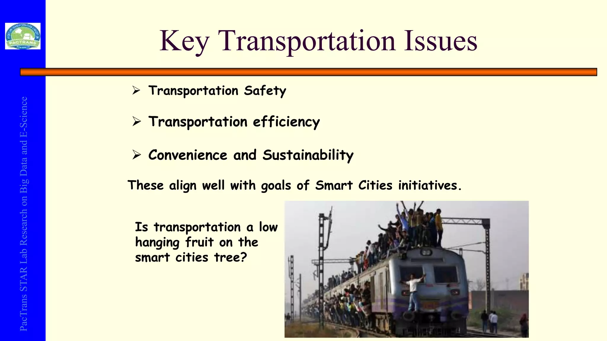 PacTransSTARLabResearchonBigDataandE-Science
Key Transportation Issues
 Transportation Safety
 Transportation efficiency
 Convenience and Sustainability
These align well with goals of Smart Cities initiatives.
Is transportation a low
hanging fruit on the
smart cities tree?
 