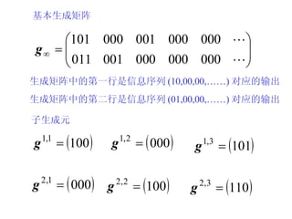 基本生成矩阵 子生成元 生成矩阵中的第一行是信息序列 (10,00,00,……) 对应的输出 生成矩阵中的第二行是信息序列 (01,00,00,……) 对应的输出 