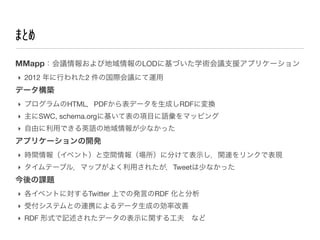 ޤȤ
MMapph󤪤ӵLOD˻Ťѧgh֧Ԯץꥱ`
? 2012 Ф줿2 ιHhˤ\

ǩ`B
? ץHTMLPDFǩ`ɤRDFˉQ
? SWC, schema.org˻ƱĿZޥåԥ
? ɤäǤӢZε٤ʤä

ץꥱ`_k
? rg󣨥٥ȣȿg󣨈˷֤ƱʾvB󥯤ǱF
? Ʃ`֥룬ޥåפ褯ä줿Tweet٤ʤä

n}
? ٥ȤˌTwitter ϤǤΰkԤRDF ȷ
? ܸƥȤBЯˤǩ`ɤ΄ʸ
? RDF ʽӛ줿ǩ`αʾv빤?ʤ

 