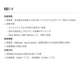 åǩ`
h
? ԴhߤܤȡäץΥǩ`PDF or HTML
? Q
- 쥤ԥ & IǱʽ؉Q
- ФĿȥץѥƥZΥޥåԥ
- Open Re?ne + RDF Re?neˤ꣬RDFˉQ


? ԴDBpediaNara ExplorerHhΤӢZ󤬱Ҫ
? hͬˉQ

_
? SPARQL Endpoint (OWLIM-SE) ǹ_
? h9,025ȥץ?6,738ȥץ

 