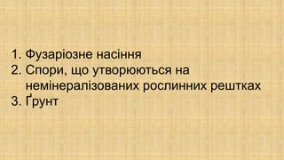 1. Фузаріозне насіння
2. Спори, що утворюються на
немінералізованих рослинних рештках
3. Ґрунт
