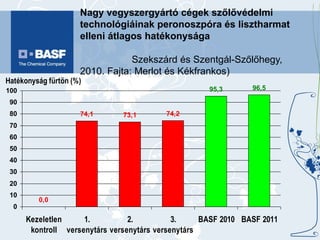 Nagy vegyszergyártó cégek szőlővédelmi technológiáinak peronoszpóra és lisztharmat elleni átlagos hatékonysága  Szekszárd és Szentgál-Szőlőhegy, 2010. Fajta: Merlot és Kékfrankos) 