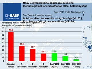 Nagy vegyszergyártó cégek szőlővédelmi technológiáinak szürkerothadás elleni hatékonysága  Eger, 2010. Fajta: Blauburger   (Dr. Dula Bencéné mérései alapján)   3 botritisz elleni védekezés: virágzás vége (VI. 23.), fürtzáródás (VII. 14.) és zsendülés (VIII. 24.)   