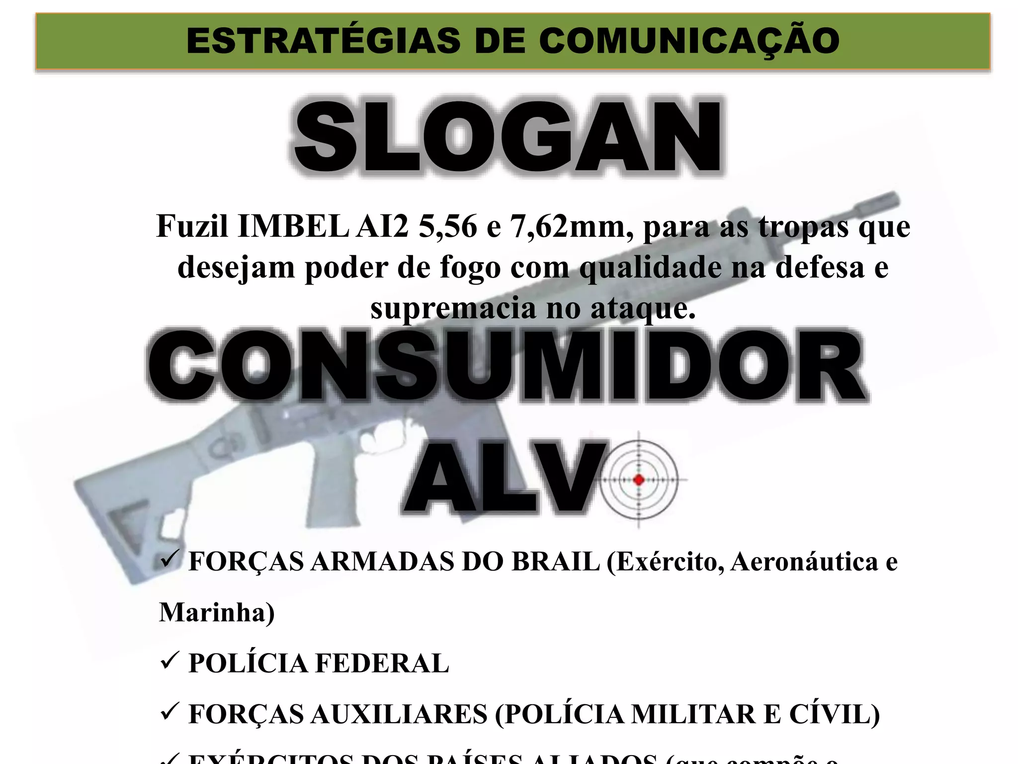 CONSUMIDOR
ALV
ESTRATÉGIAS DE COMUNICAÇÃO
Fuzil IMBELAI2 5,56 e 7,62mm, para as tropas que
desejam poder de fogo com qualidade na defesa e
supremacia no ataque.
 FORÇAS ARMADAS DO BRAIL (Exército, Aeronáutica e
Marinha)
 POLÍCIA FEDERAL
 FORÇAS AUXILIARES (POLÍCIA MILITAR E CÍVIL)
 
