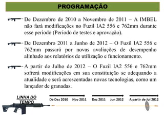 PROGRAMAÇÃO
De Dezembro de 2010 a Novembro de 2011 – A IMBEL
não fará modificações no Fuzil IA2 556 e 762mm durante
esse período (Período de testes e aprovação).
De Dezembro 2011 a Junho de 2012 – O Fuzil IA2 556 e
762mm passará por novas avaliações de desempenho
alinhado aos relatórios de utilização e funcionamento.
A partir de Julho de 2012 – O Fuzil IA2 556 e 762mm
sofrerá modificações em sua constituição se adequando a
atualidade e será acrescentadas novas tecnologias, como um
lançador de granadas.
De Dez 2010 Nov 2011 Dez 2011 A partir de Jul 2012Jun 2012
LINHA DO
TEMPO
 