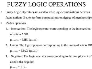 FUZZY LOGIC OPERATIONS
•

Fuzzy Logic Operators are used to write logic combinations between
fuzzy notions (i.e. to perform computations on degree of membership)

•

Zadeh operators
1. Intersection: The logic operator corresponding to the intersection
of sets is AND

µ(A AND B) = MIN (µA,µB)

2. Union: The logic operator corresponding to the union of sets is OR
µ(A OR B) = MAX (µA,µB)

3. Negation: The logic operator corresponding to the complement of
a set is the negation
µ(NOTA) = 1-µA

 