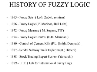 HISTORY OF FUZZY LOGIC
•

1965 - Fuzzy Sets ( Lofti Zadeh, seminar)

•

1966 - Fuzzy Logic ( P. Marinos, Bell Labs)

•

1972 - Fuzzy Measure ( M. Sugeno, TIT)

•

1974 - Fuzzy Logic Control (E.H. Mamdani)

•

1980 - Control of Cement Kiln (F.L. Smidt, Denmatk)

•

1987 - Sendai Subway Train Experiment ( Hitachi)

•

1988 - Stock Trading Expert System (Yamaichi)

•

1989 - LIFE ( Lab for International Fuzzy Eng)

 
