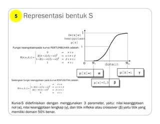 Representasi bentuk S
Kurva-S didefinisikan dengan menggunakan 3 parameter, yaitu: nilai keanggotaan
nol (α), nilai keanggotaan lengkap (γ), dan titik infleksi atau crossover (β) yaitu titik yang
memiliki domain 50% benar.
5
 