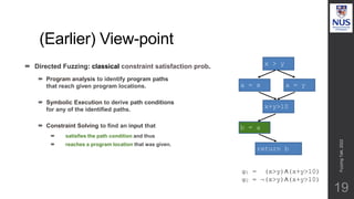 (Earlier) View-point
19
 Directed Fuzzing: classical constraint satisfaction prob.
 Program analysis to identify program paths
that reach given program locations.
 Symbolic Execution to derive path conditions
for any of the identified paths.
 Constraint Solving to find an input that
 satisfies the path condition and thus
 reaches a program location that was given.
φ1 = (x>y)∧(x+y>10)
φ2 = ¬(x>y)∧(x+y>10)
x > y
a = x a = y
x+y>10
b = a
return b
Fuzzing
Talk,
2022
 