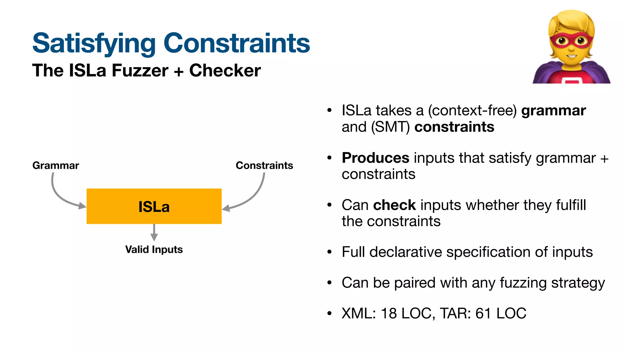 Satisfying Constraints
🦸
• ISLa takes a (context-free) grammar
and (SMT) constraints

• Produces inputs that satisfy grammar +
constraints
• Can check inputs whether they ful
fi
ll
the constraints

• Full declarative speci
fi
cation of inputs

• Can be paired with any fuzzing strategy

• XML: 18 LOC, TAR: 61 LOC
The ISLa Fuzzer + Checker
ISLa
Grammar Constraints
Valid Inputs
 