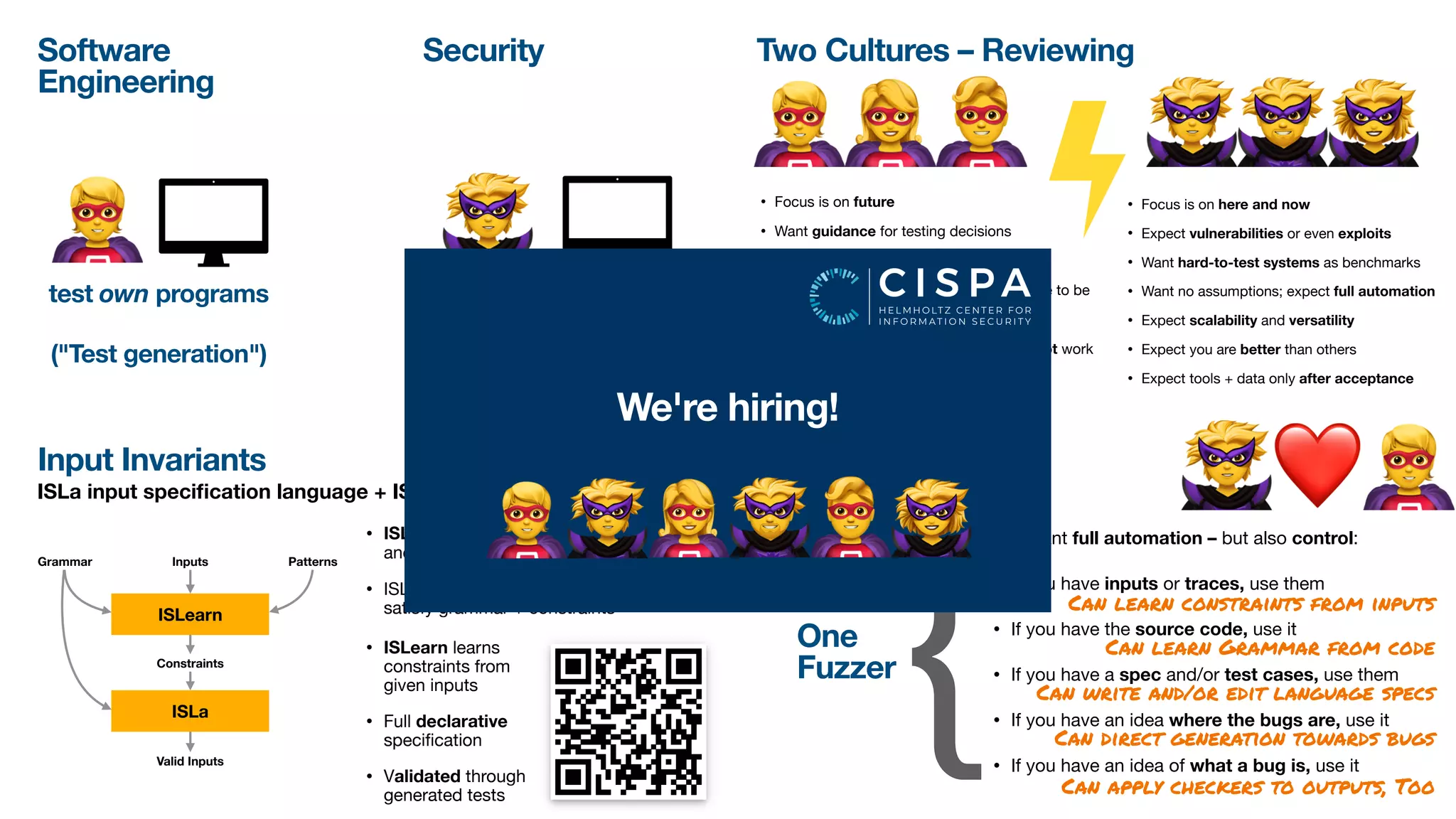 🦸🦹
Fuzzing Workshop @ NDSS'22 • April 24, 2022
Fuzzing: A Tale of Cultures
Andreas Zeller
Security
Software 
Engineering
test own programs test other programs
! "
("Test generation") ("Fuzzing")
Input Invariants
ISLa input specification language + ISLearn invariant miner
• ISLearn learns
constraints from
given inputs
• Full declarative
specification 

• Validated through
generated tests
ISLa
ISLearn
Grammar Inputs Patterns
Constraints
Valid Inputs
• ISLa takes a (context-free) grammar
and (SMT) constraints

• ISLa produces and checks inputs that
satisfy grammar + constraints
Taming Fuzzers
You want full automation – but also control:

• If you have inputs or traces, use them

• If you have the source code, use it

• If you have a spec and/or test cases, use them

• If you have an idea where the bugs are, use it
• If you have an idea of what a bug is, use it
{
One
Fuzzer
Can learn constraints from inputs
Can learn Grammar from code
Can write and/or edit language specs
Can direct generation towards bugs
Can apply checkers to outputs, Too
!❤#
Two Cultures – Reviewing
!"# $%&
• Focus is on future

• Want guidance for testing decisions

• Focus on conceptual improvements

• Want explanations on how numbers come to be

• Want details on decisions and rationales

• Want to know when and why things will not work

• Expect open science principles
• Focus is on here and now
• Expect vulnerabilities or even exploits

• Want hard-to-test systems as benchmarks

• Want no assumptions; expect full automation

• Expect scalability and versatility
• Expect you are better than others

• Expect tools + data only after acceptance
We're hiring!
!"#$
%&
 