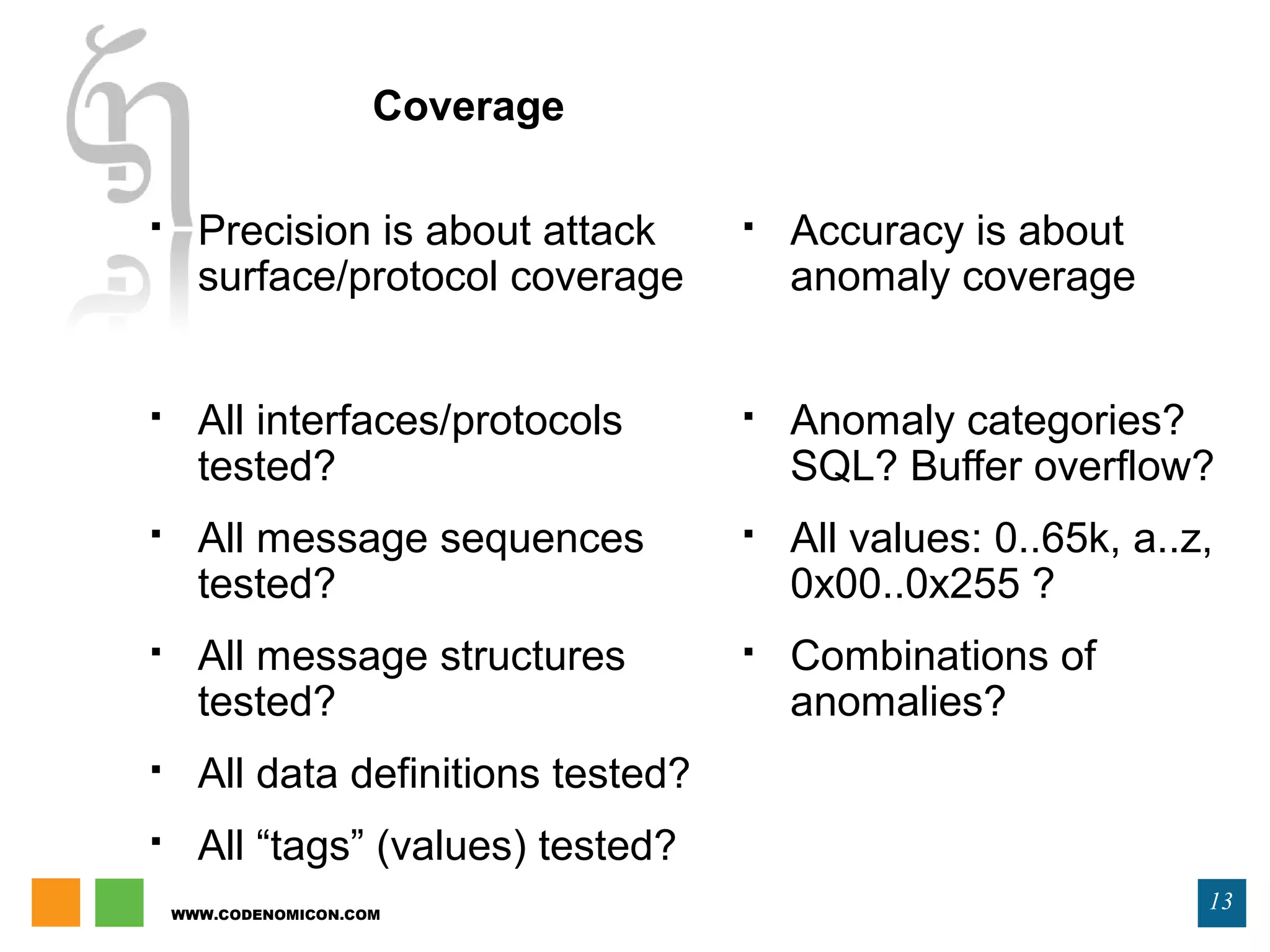 WWW.CODENOMICON.COM
13
 Precision is about attack
surface/protocol coverage
 All interfaces/protocols
tested?
 All message sequences
tested?
 All message structures
tested?
 All data definitions tested?
 All “tags” (values) tested?
 Accuracy is about
anomaly coverage
 Anomaly categories?
SQL? Buffer overflow?
 All values: 0..65k, a..z,
0x00..0x255 ?
 Combinations of
anomalies?
Coverage
 