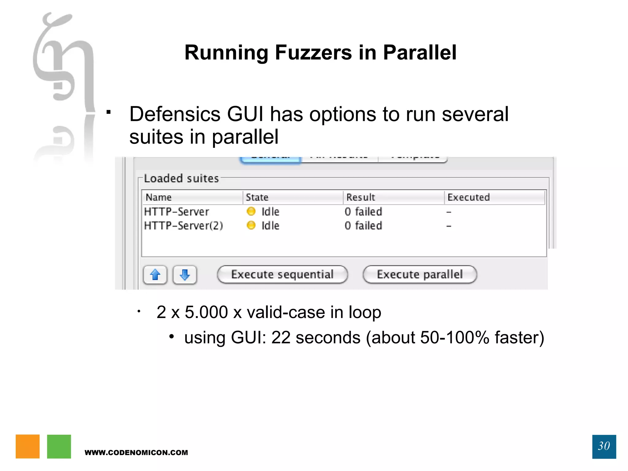 WWW.CODENOMICON.COM
30
Running Fuzzers in Parallel
 Defensics GUI has options to run several
suites in parallel
• 2 x 5.000 x valid-case in loop
• using GUI: 22 seconds (about 50-100% faster)
 