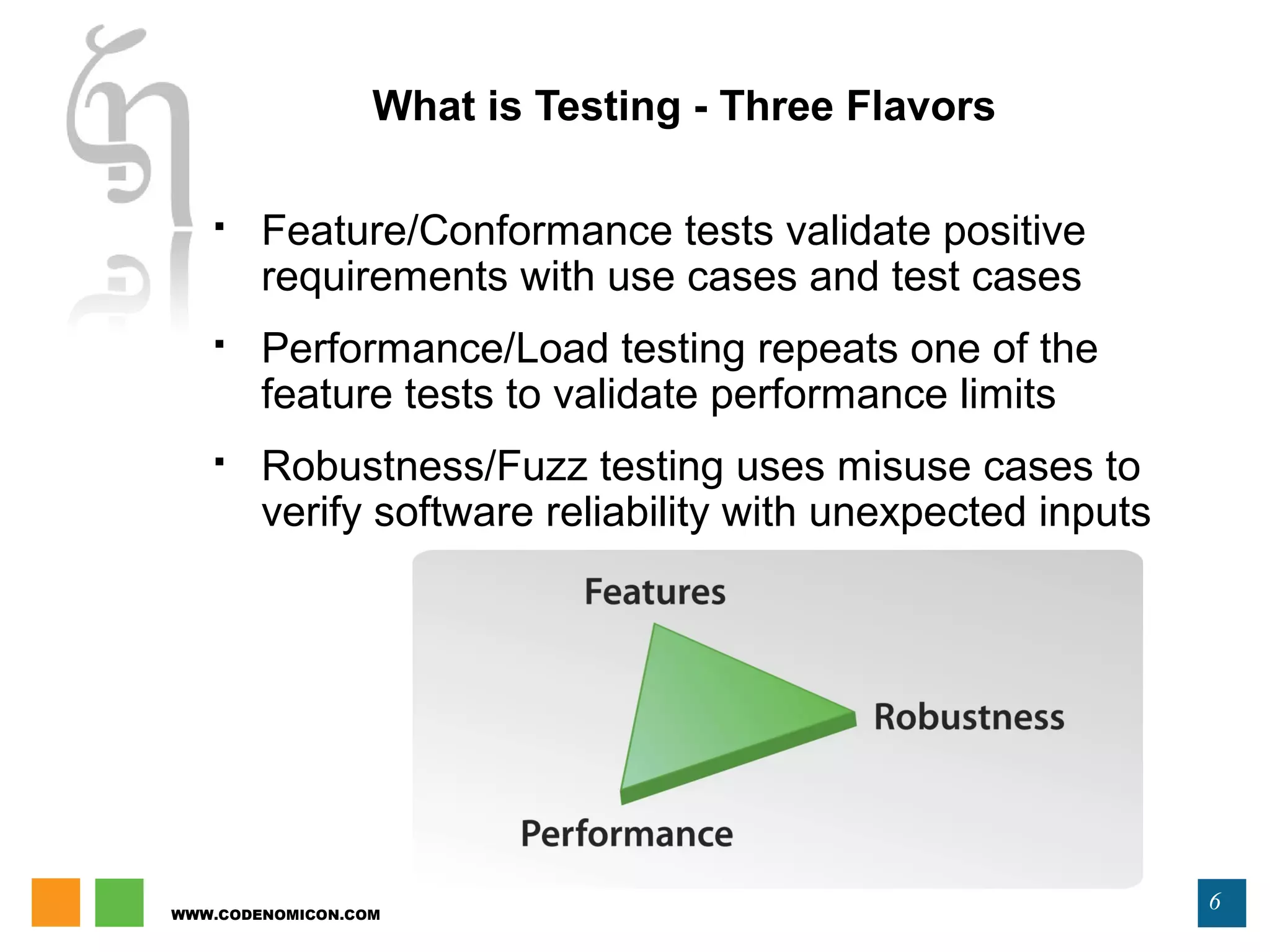 WWW.CODENOMICON.COM
6
What is Testing - Three Flavors
 Feature/Conformance tests validate positive
requirements with use cases and test cases
 Performance/Load testing repeats one of the
feature tests to validate performance limits
 Robustness/Fuzz testing uses misuse cases to
verify software reliability with unexpected inputs
 