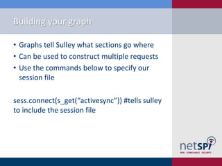 Building your graph

• Graphs tell Sulley what sections go where
• Can be used to construct multiple requests
• Use the commands below to specify our
  session file

sess.connect(s_get(“activesync”)) #tells sulley
to include the session file
 