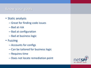 Know your goals

• Static analysis
  ‒ Great for finding code issues
  ‒ Bad at risk
  ‒ Bad at configuration
  ‒ Bad at business logic
• Fuzzing
  ‒ Accounts for configs
  ‒ Can be tailored for business logic
  ‒ Requires time
  ‒ Does not locate remediation point
 