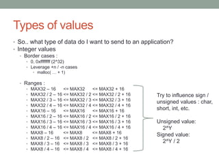 Types of values
• So.. what type of data do I want to send to an application?
• Integer values
• Border cases :
• 0, 0xffffffff (2^32)
• Leverage +n / -n cases
• malloc( … + 1)
• Ranges :
• MAX32 – 16 <= MAX32 <= MAX32 + 16
• MAX32 / 2 – 16 <= MAX32 / 2 <= MAX32 / 2 + 16
• MAX32 / 3 – 16 <= MAX32 / 3 <= MAX32 / 3 + 16
• MAX32 / 4 – 16 <= MAX32 / 4 <= MAX32 / 4 + 16
• MAX16 – 16 <= MAX16 <= MAX16 + 16
• MAX16 / 2 – 16 <= MAX16 / 2 <= MAX16 / 2 + 16
• MAX16 / 3 – 16 <= MAX16 / 3 <= MAX16 / 3 + 16
• MAX16 / 4 – 16 <= MAX16 / 4 <= MAX16 / 4 + 16
• MAX8 – 16 <= MAX8 <= MAX8 + 16
• MAX8 / 2 – 16 <= MAX8 / 2 <= MAX8 / 2 + 16
• MAX8 / 3 – 16 <= MAX8 / 3 <= MAX8 / 3 + 16
• MAX8 / 4 – 16 <= MAX8 / 4 <= MAX8 / 4 + 16
Try to influence sign /
unsigned values : char,
short, int, etc.
Unsigned value:
2^Y
Signed value:
2^Y / 2
 