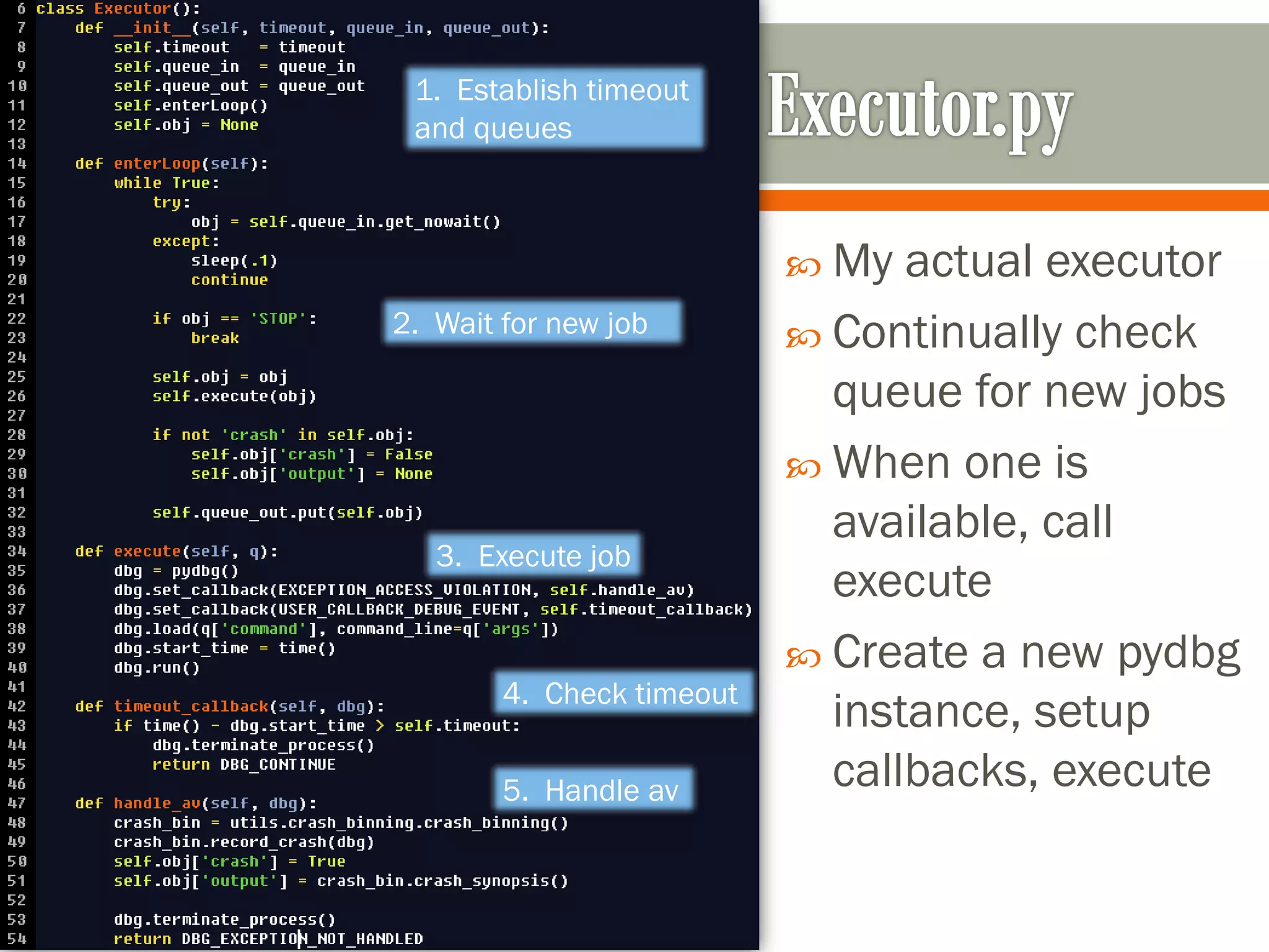  My actual executor
 Continually check
queue for new jobs
 When one is
available, call
execute
 Create a new pydbg
instance, setup
callbacks, execute
1. Establish timeout
and queues
2. Wait for new job
3. Execute job
4. Check timeout
5. Handle av
 