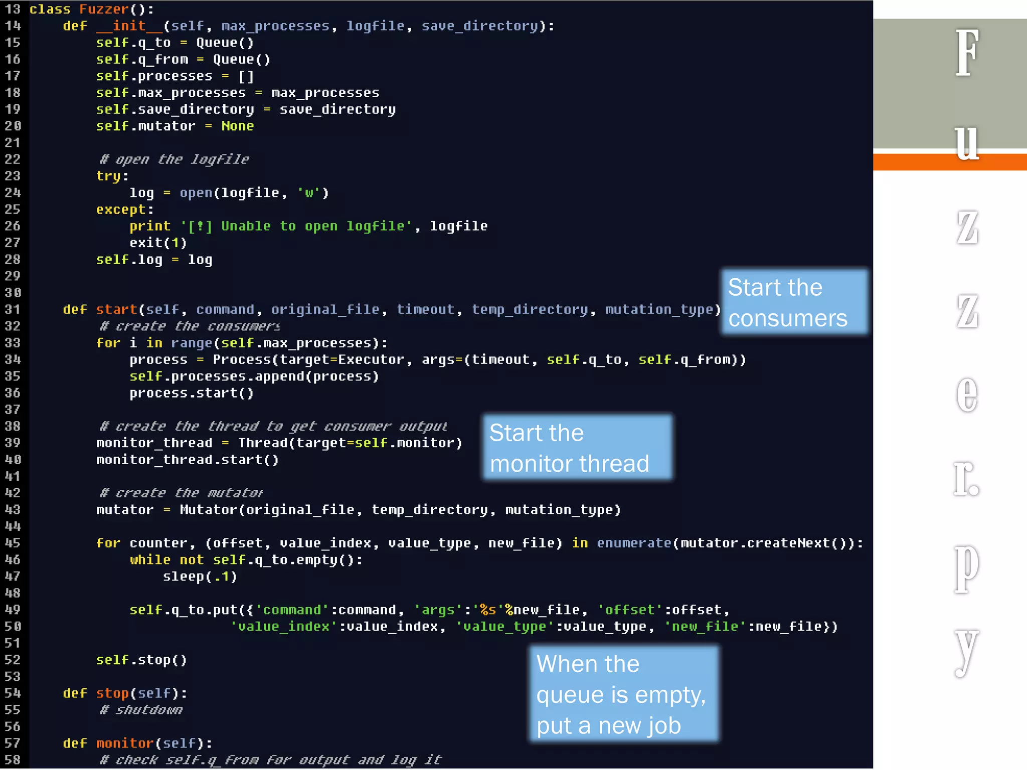 Start the
consumers
Start the
monitor thread
When the
queue is empty,
put a new job
 
