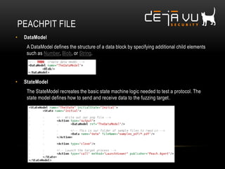 PEACHPIT FILE
• DataModel
A DataModel defines the structure of a data block by specifying additional child elements
such as Number, Blob, or String.
• StateModel
The StateModel recreates the basic state machine logic needed to test a protocol. The
state model defines how to send and receive data to the fuzzing target.
 